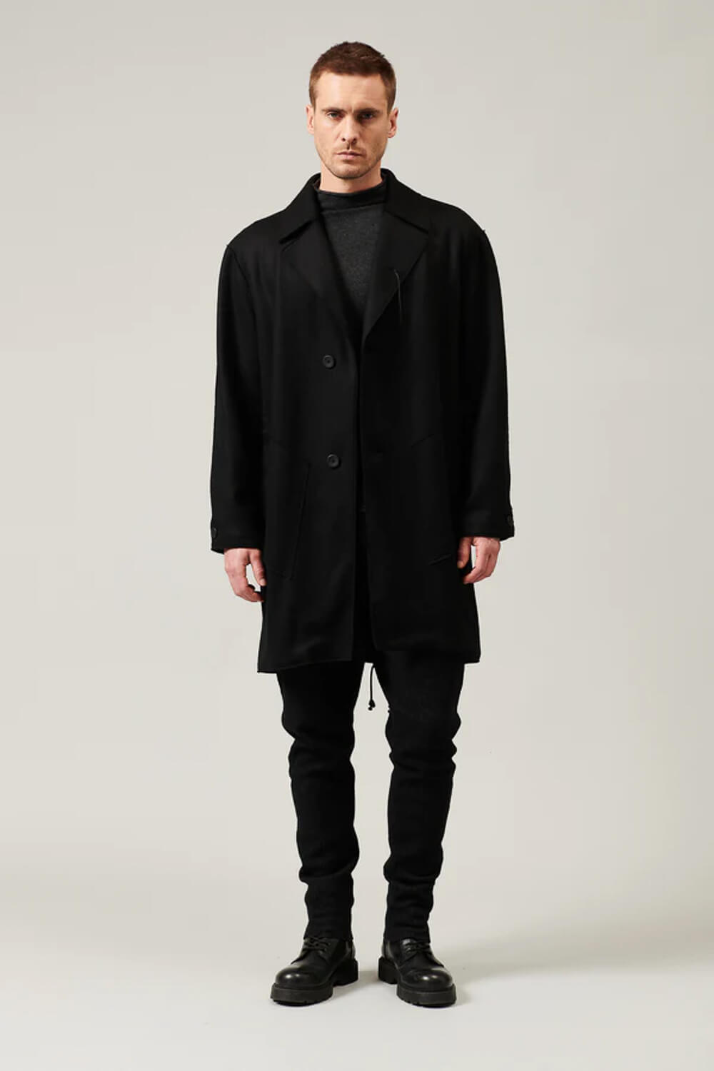 Relaxed Fit Raw Cut Wool W/ Cashmere Touch Coat Black