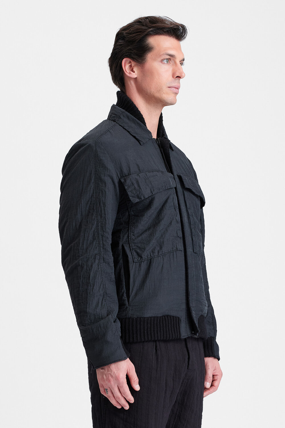Reversible Water-Repellent Nylon & Herringbone Wool Jacket Black