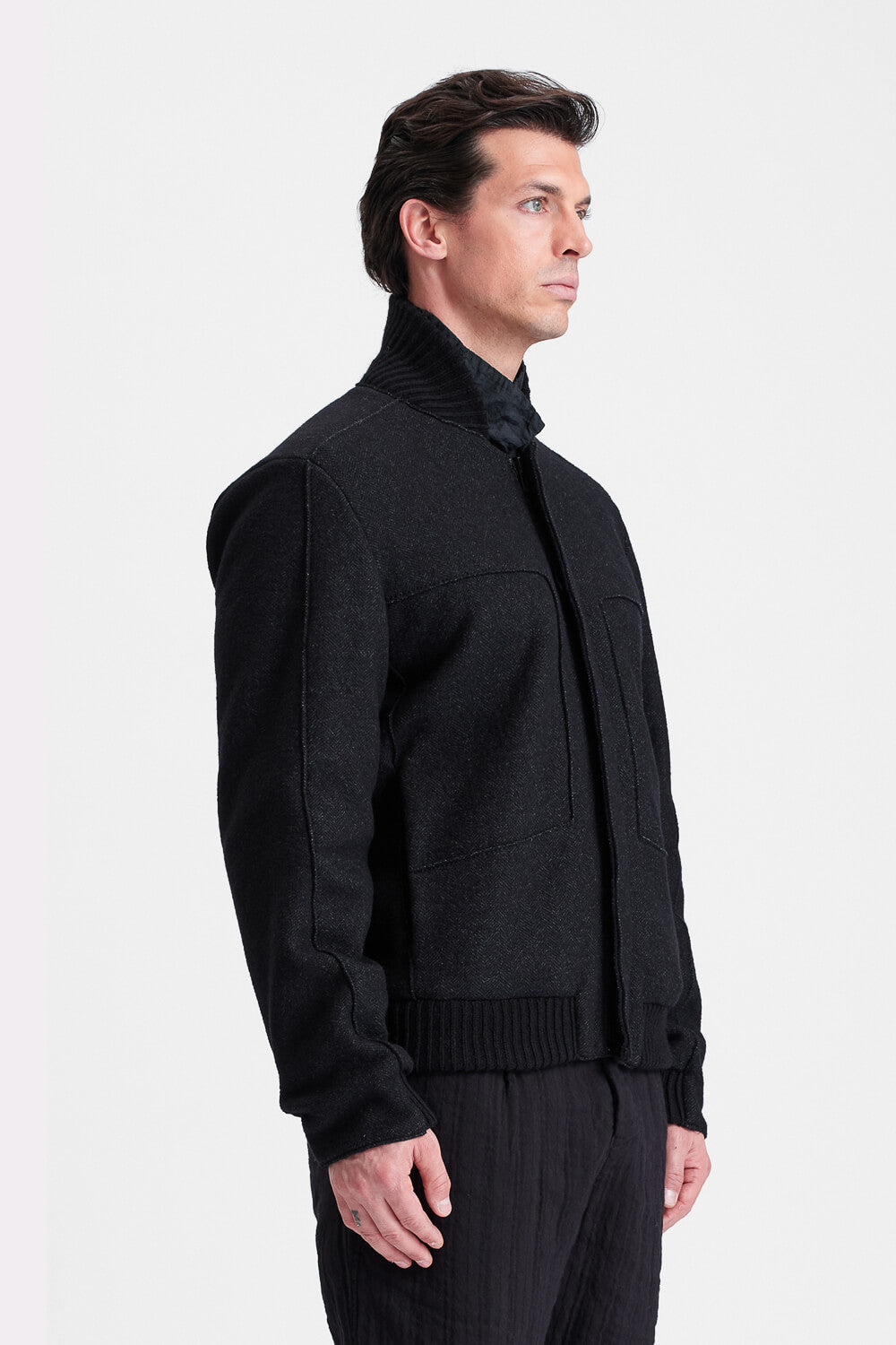 Reversible Water-Repellent Nylon & Herringbone Wool Jacket Black