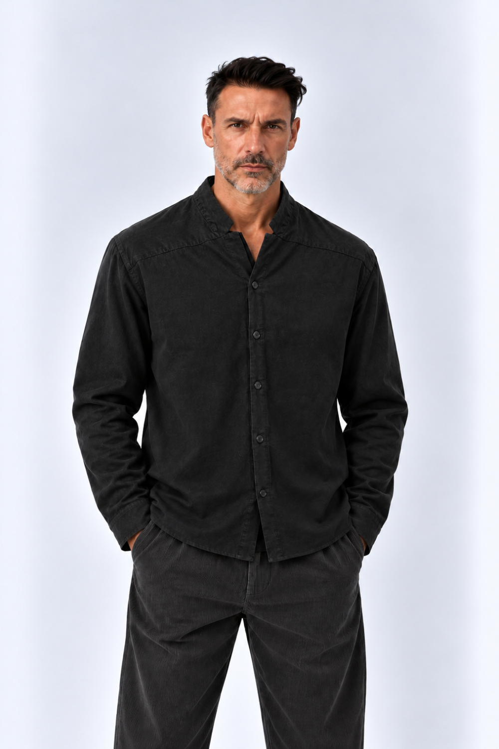 Micro Cord Open Collar Shirt Black