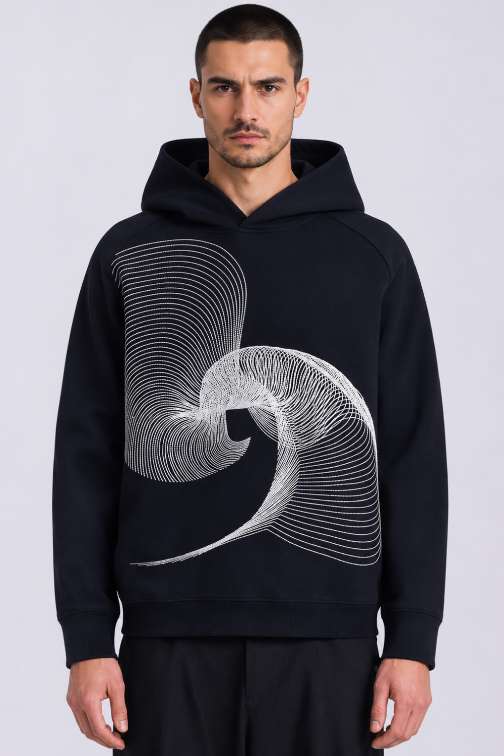 Cotton Blend Abstract Wave Embroidered Hoodie Black