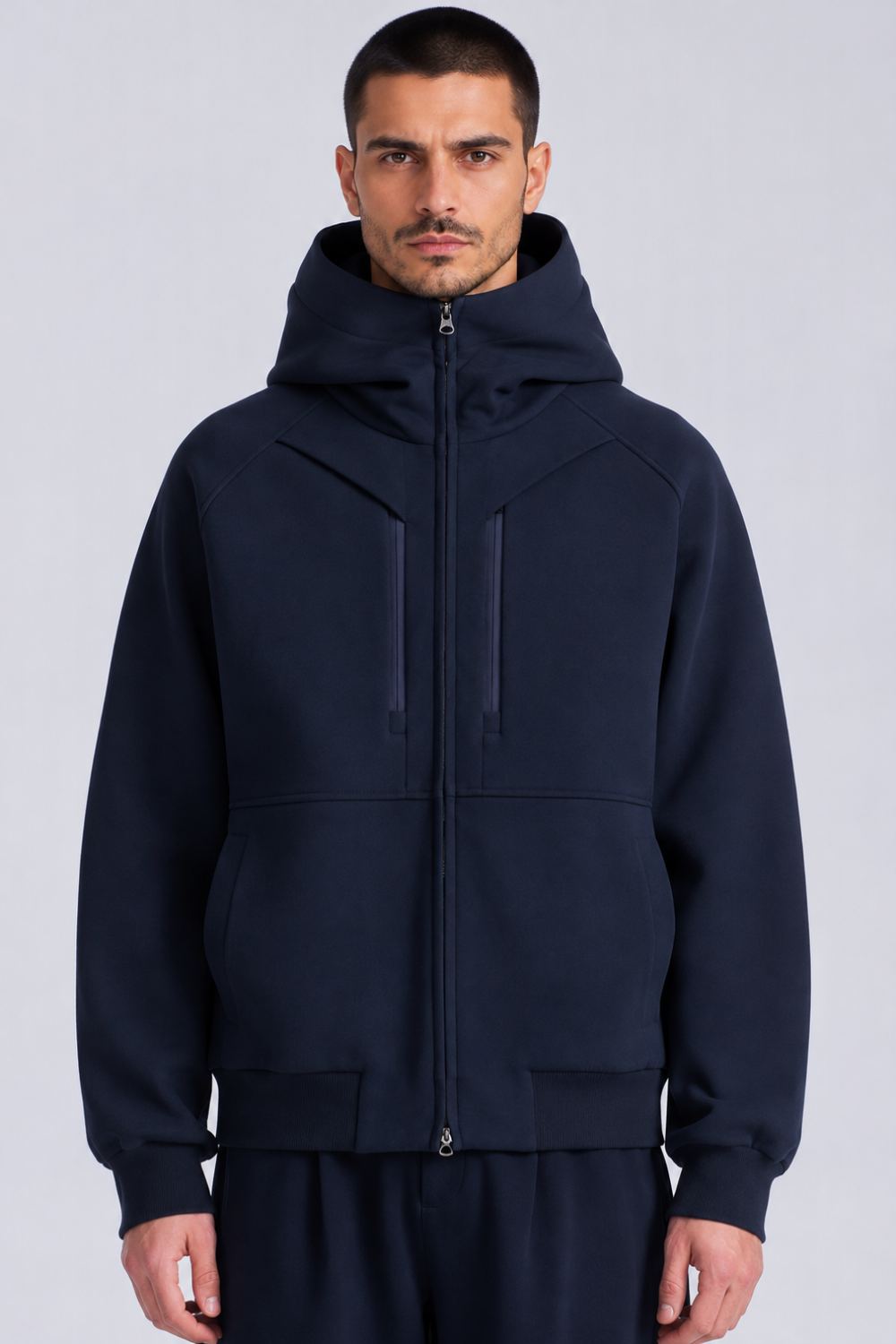Zip-Up Knitted Snood Hooded Jacket Navy