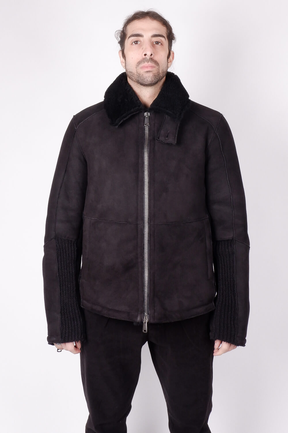 Sheepskin Suede W/ Virgin Wool Inserts Jacket Black