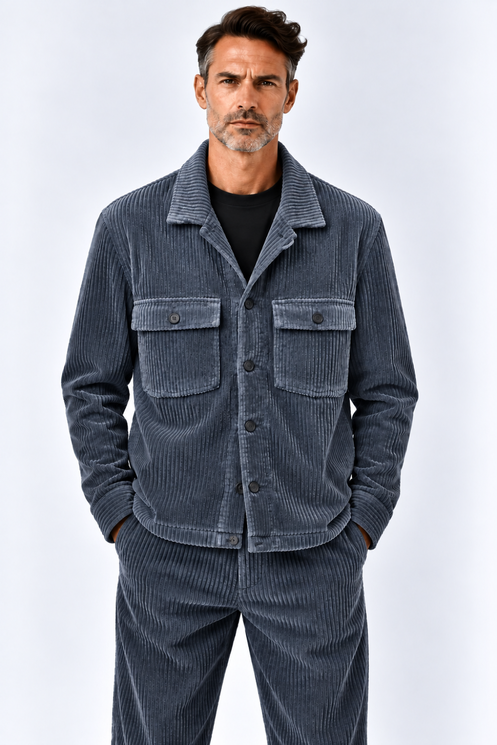 Button-Up Front Pocket Corduroy Jacket Steel Blue