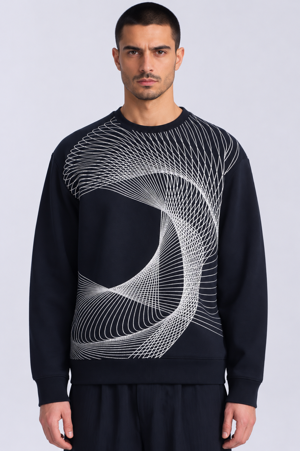 Cotton Blend Abstract Wave Embroidered Crew Neck Sweatshirt Black