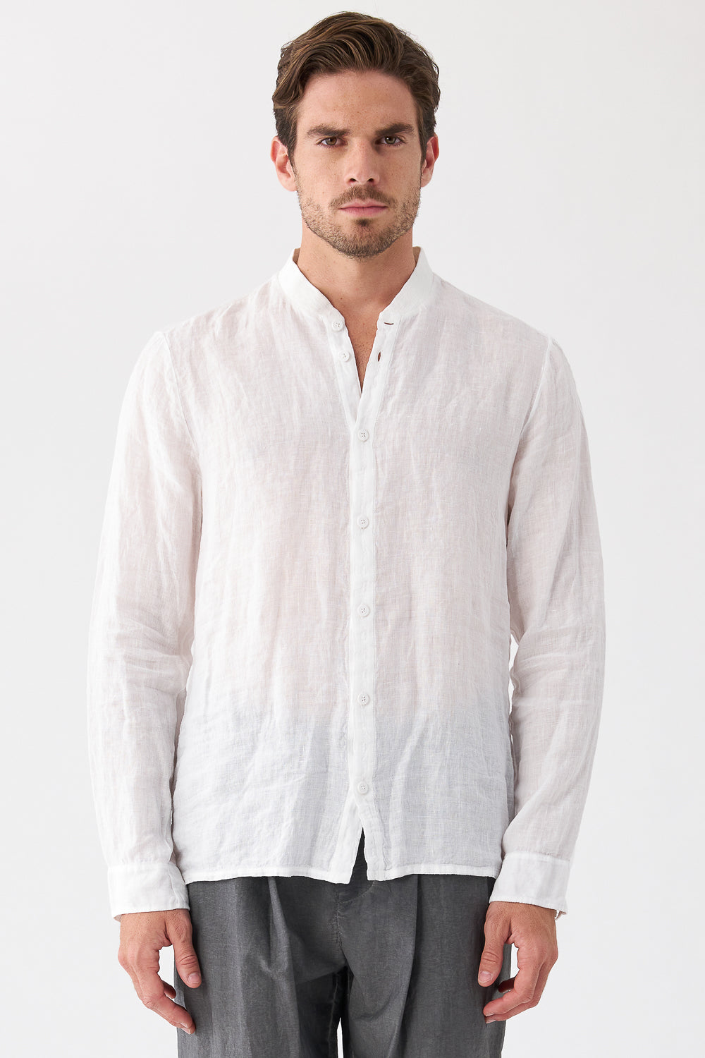 Stand-Up Collar Linen Shirt White