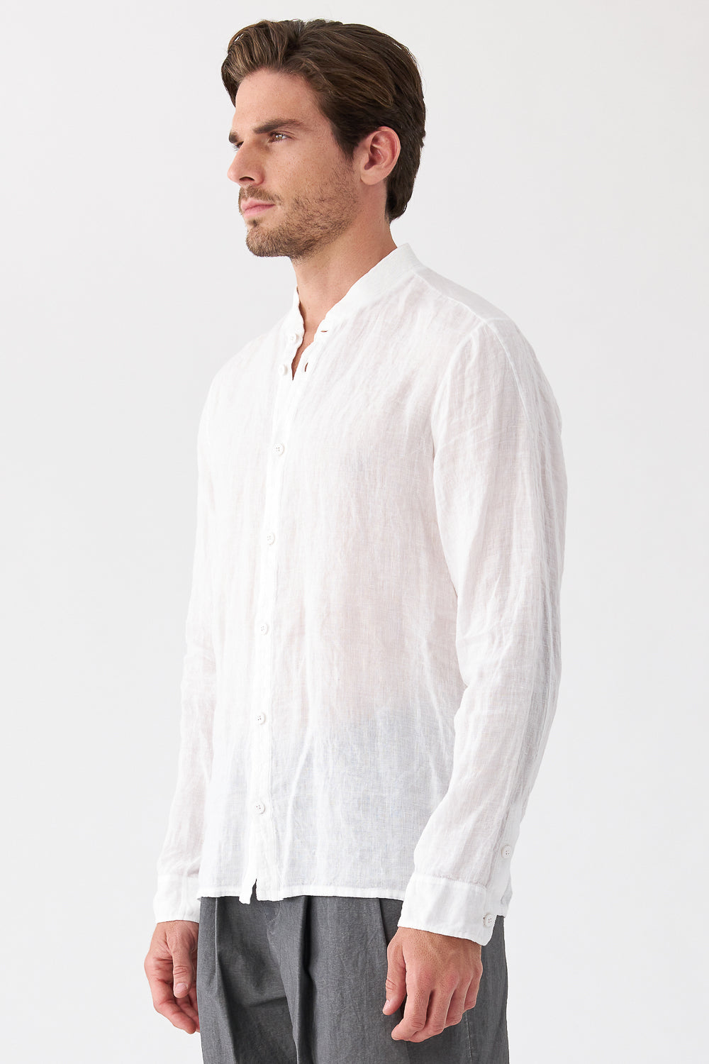 Stand-Up Collar Linen Shirt White