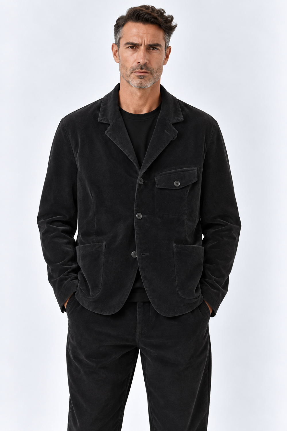 Velvet Front Pocket Button-Up Blazer/Jacket Black