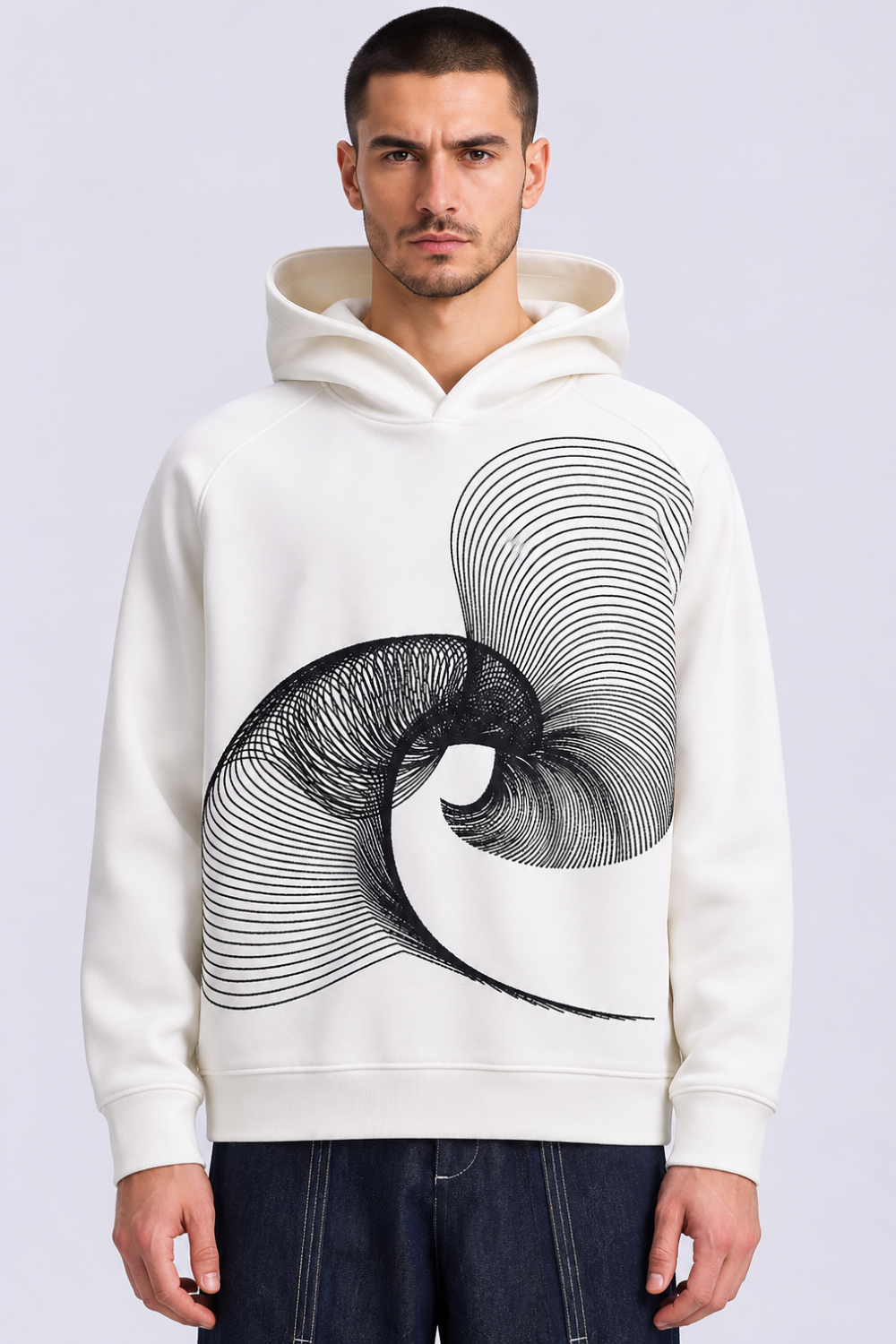 Cotton Blend Abstract Wave Embroidered Hoodie White