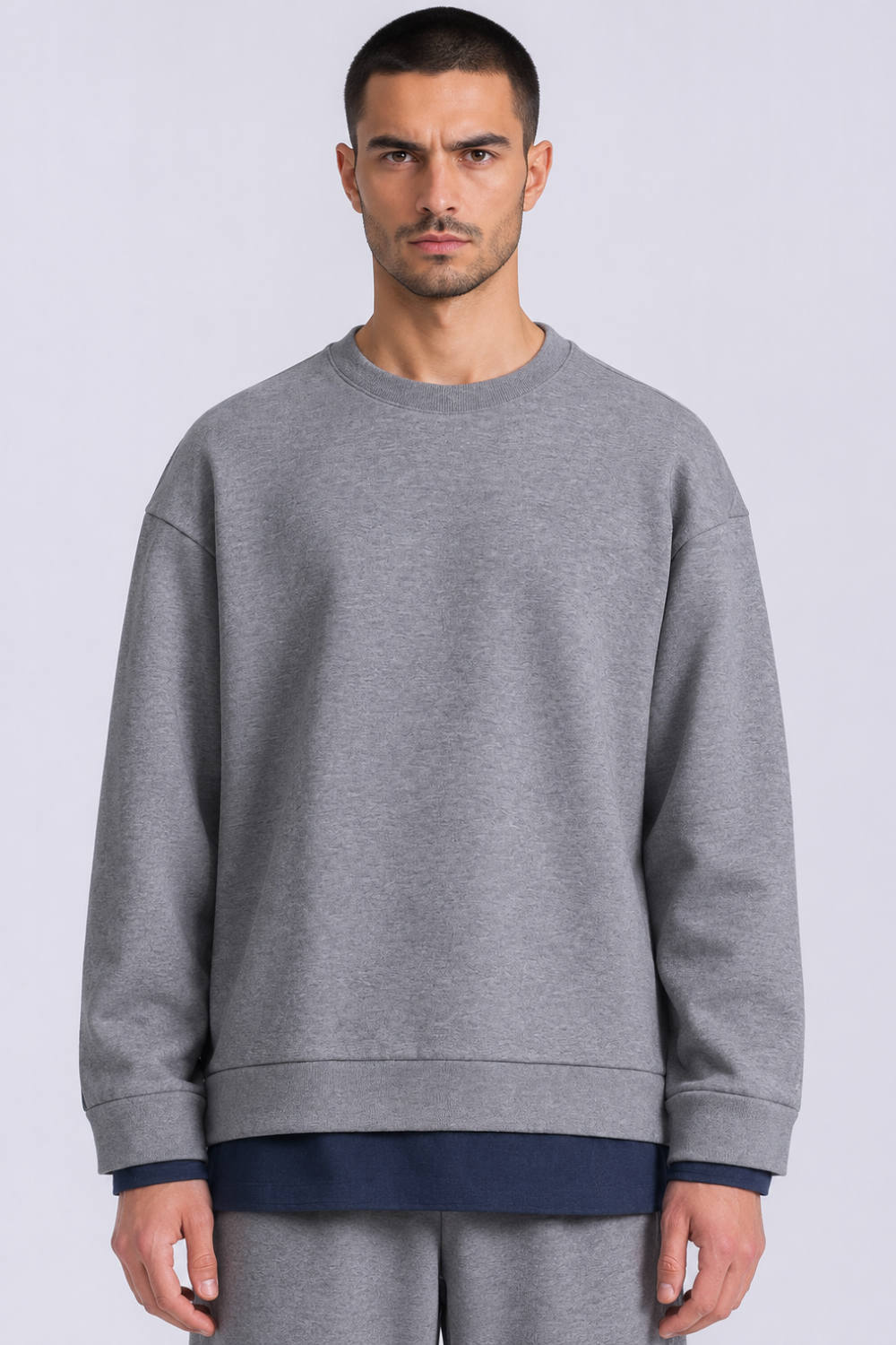 Layered Crew Neck Sweatshirt W/ Contrast Denim Hem Grey