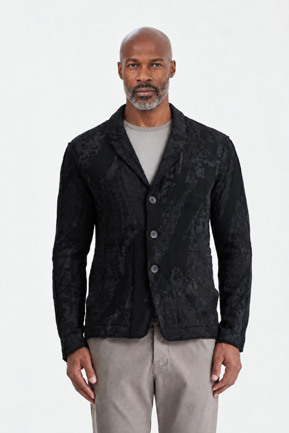 Relaxed-Fit Wool/Viscose Jacquard Button-Up Blazer Black