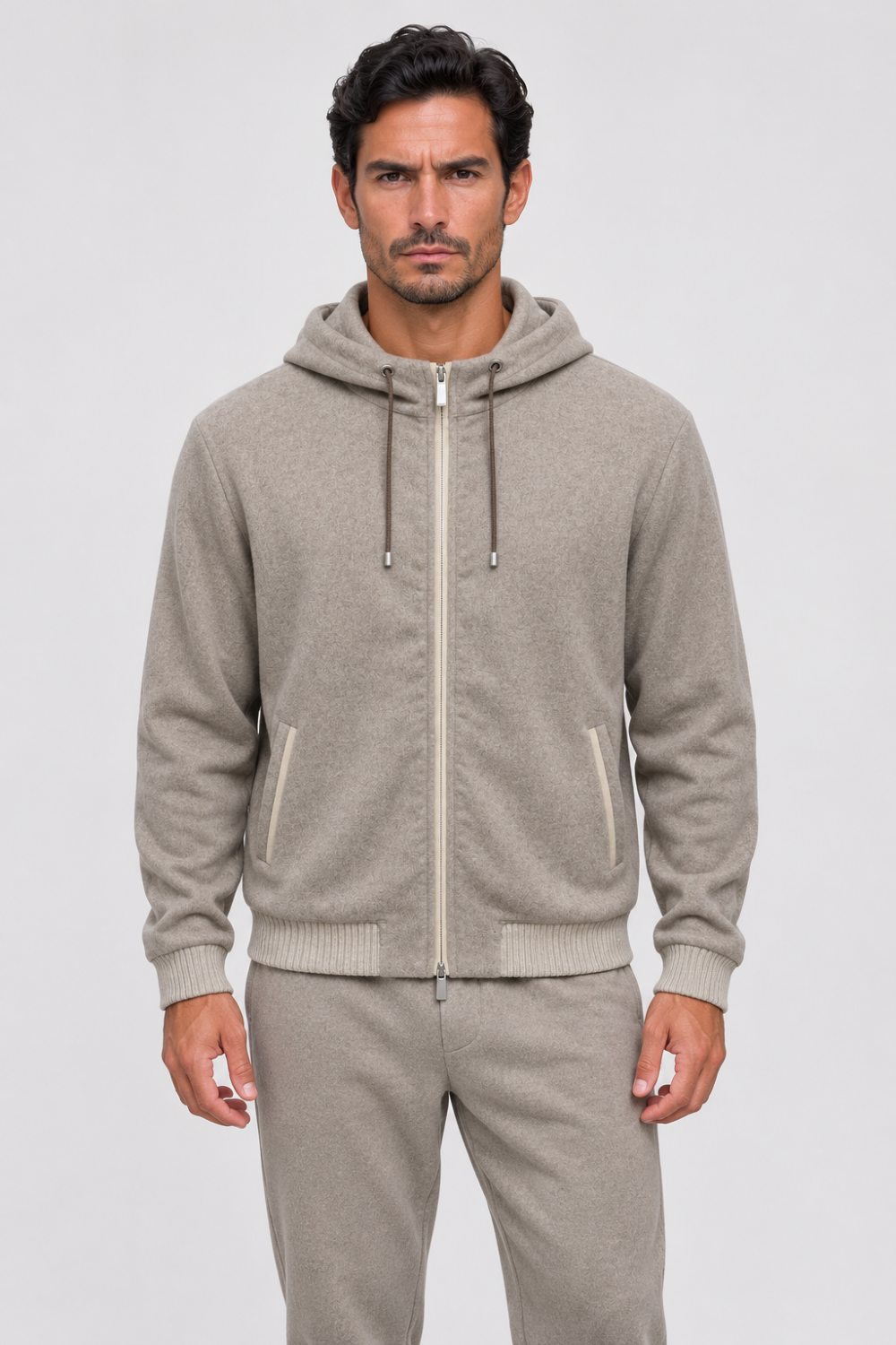 Italian Cashmere Zip-Up Tracksuit Jacket/Hoodie Dark Beige