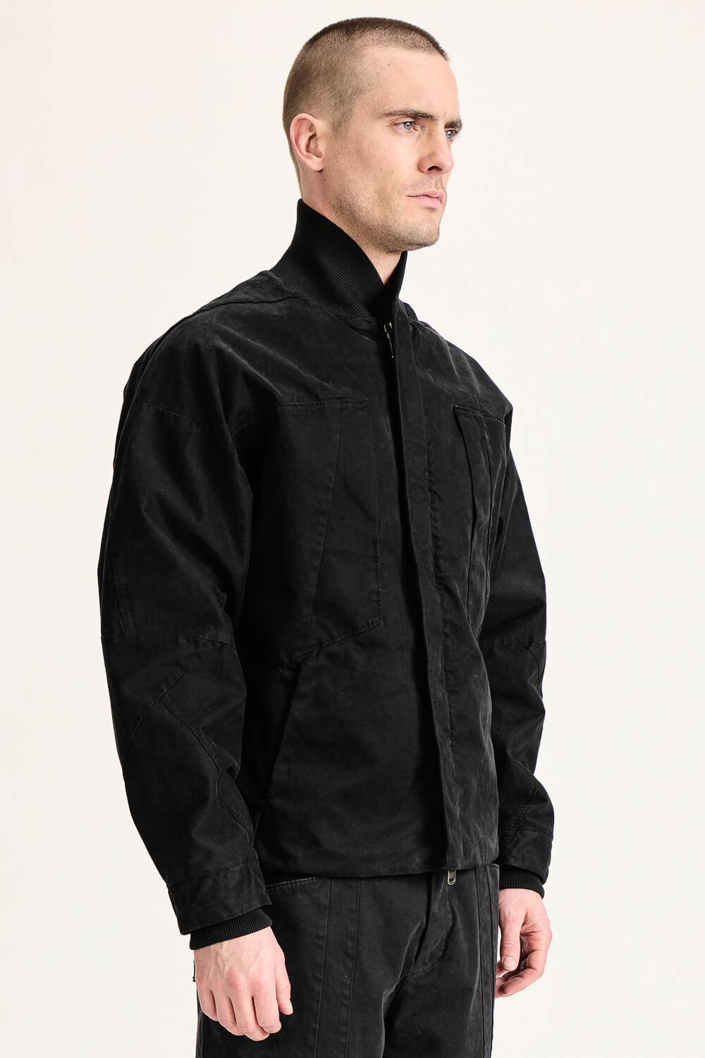 Stretch Cotton Bomber Jacket W/ Knitted Inserts Black