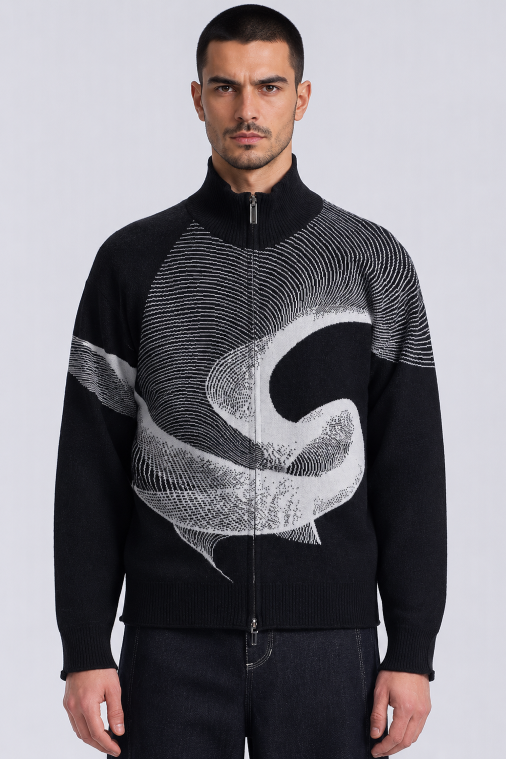 Abstract Wave Pattern Wool Zip-Up Cardigan Black