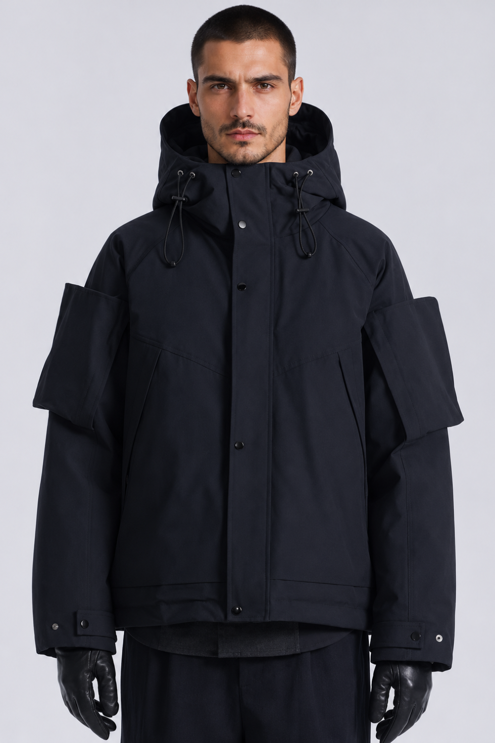 Hooded Down Puffer Jacket W/ 3D Sleeve Pocket Black