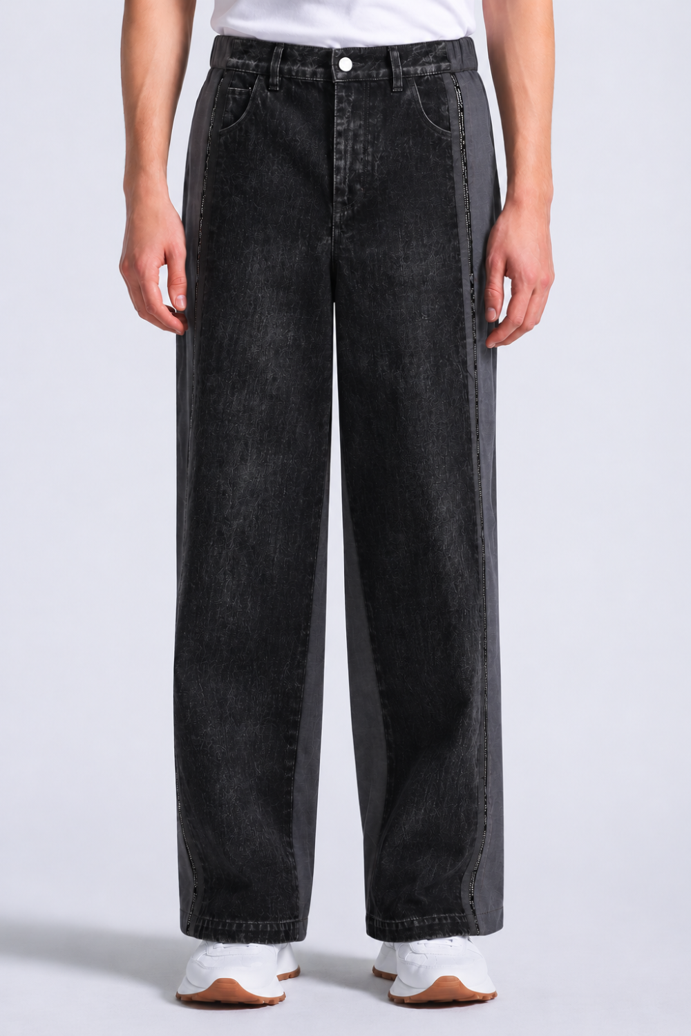 Wool Blend Trousers W/ Contrast Denim Panels Black