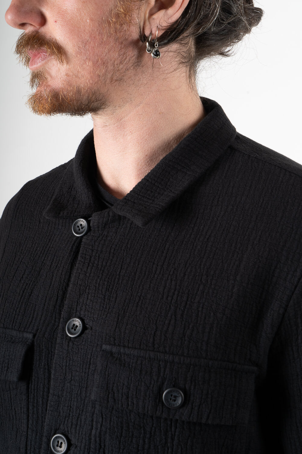 Textured Cotton Design Overshirt Black