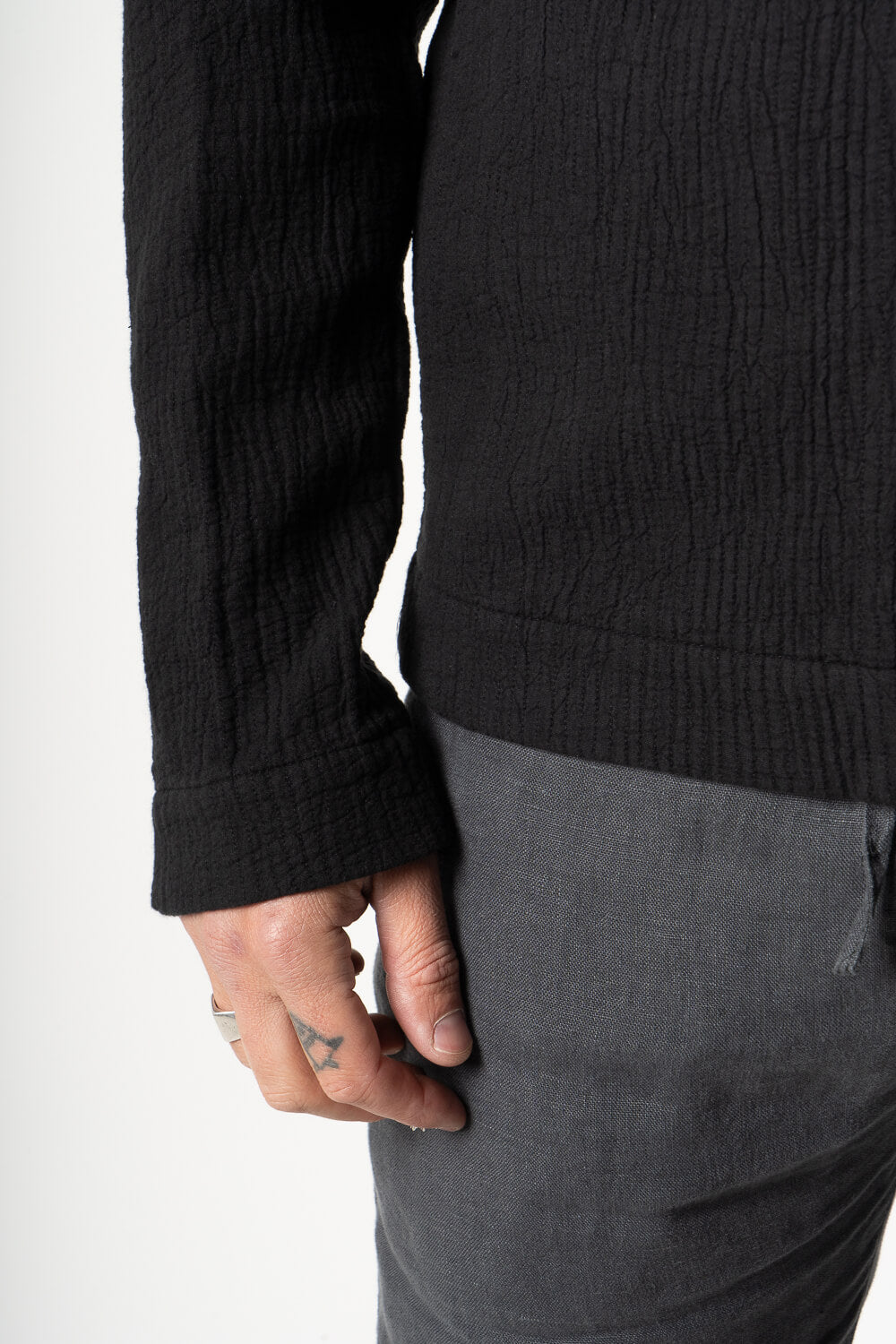 Textured Cotton Design Overshirt Black