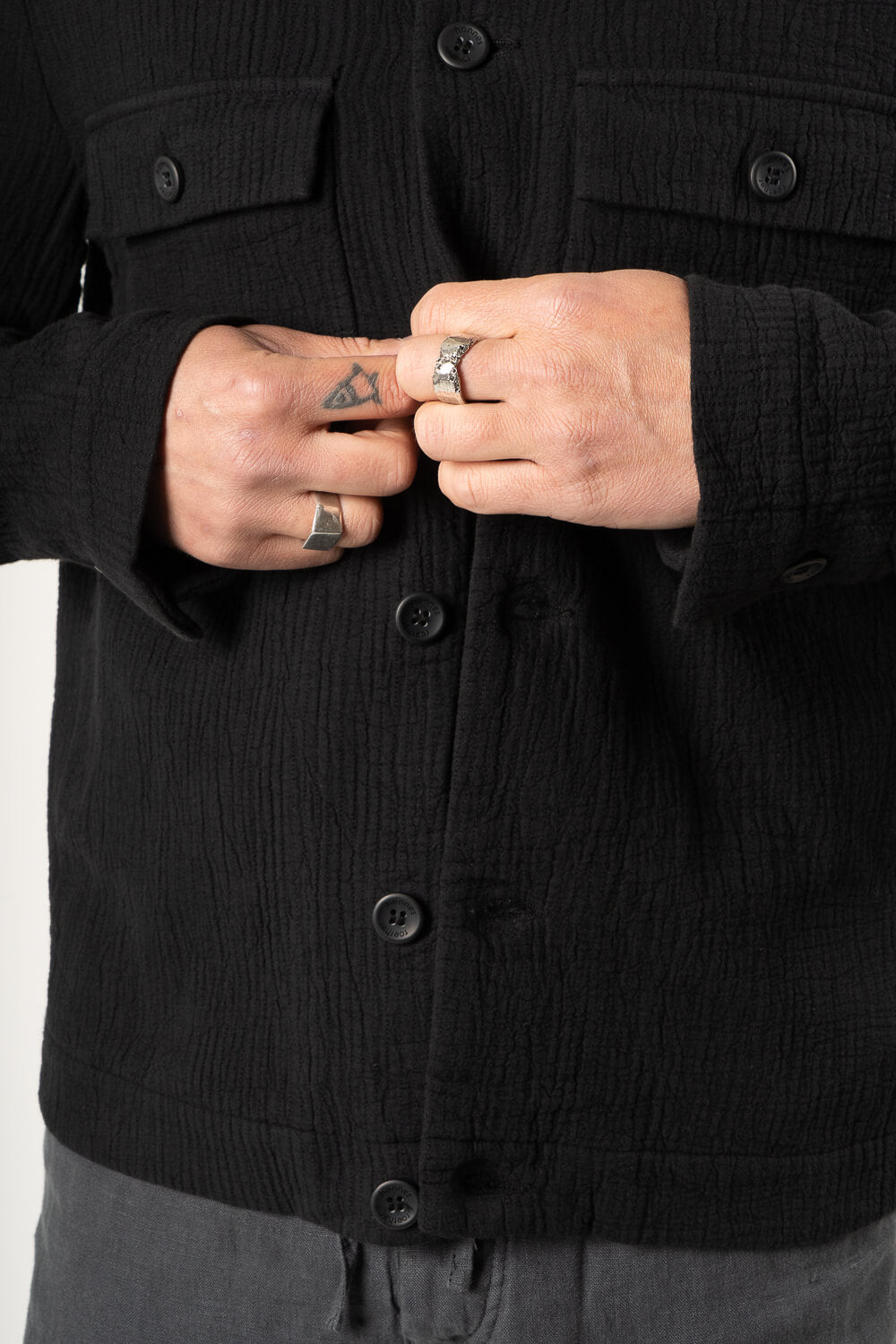 Textured Cotton Design Overshirt Black