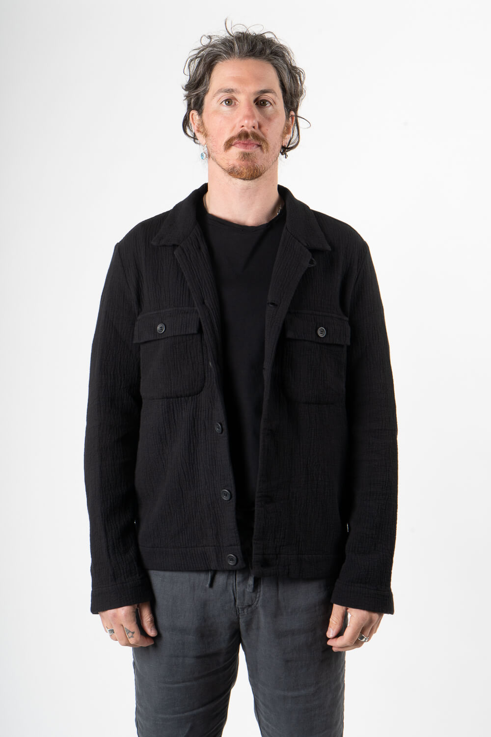 Textured Cotton Design Overshirt Black