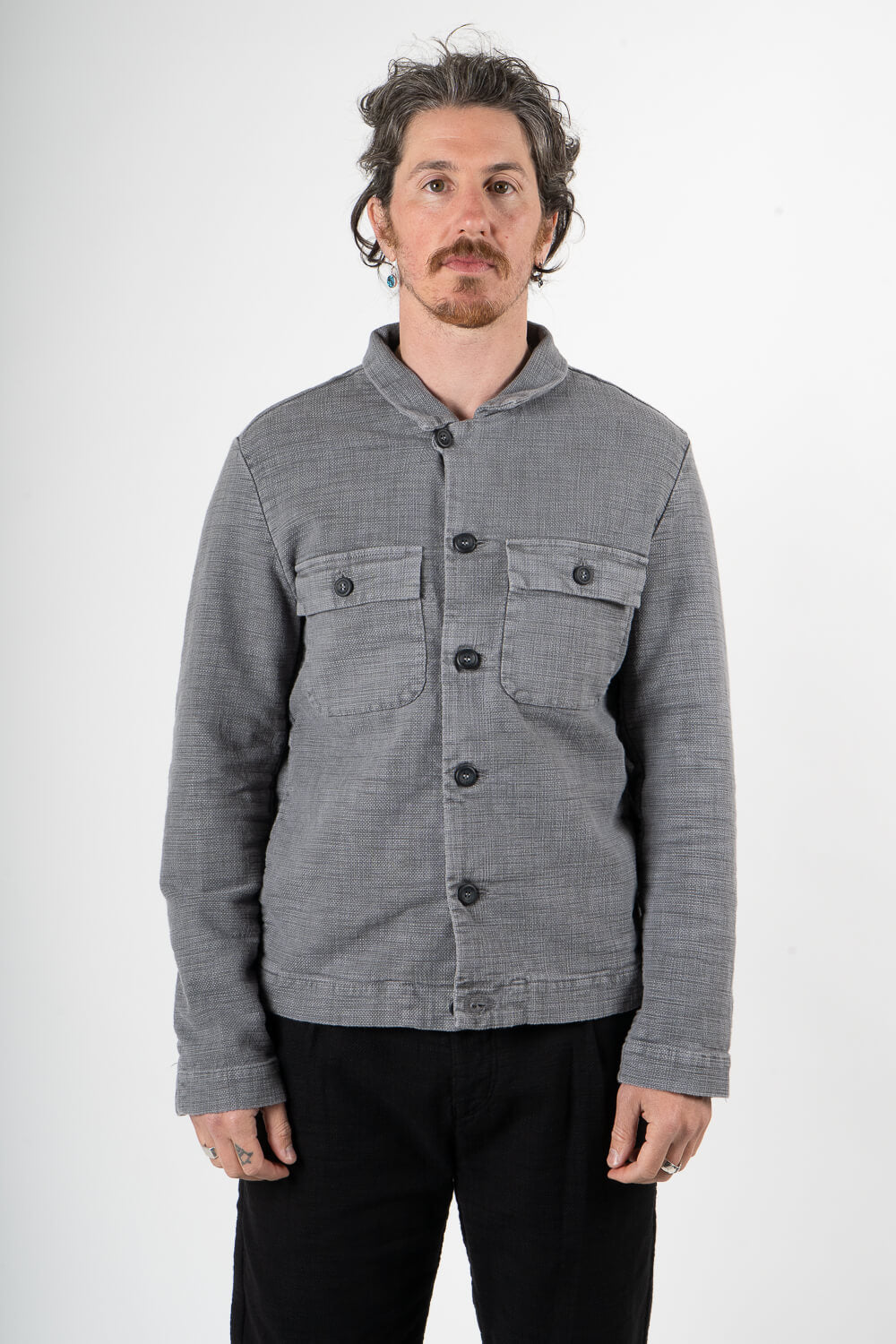 Textured Cotton Front Pocket Overshirt Grey