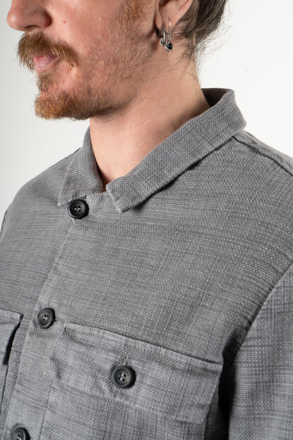 Textured Cotton Front Pocket Overshirt Grey