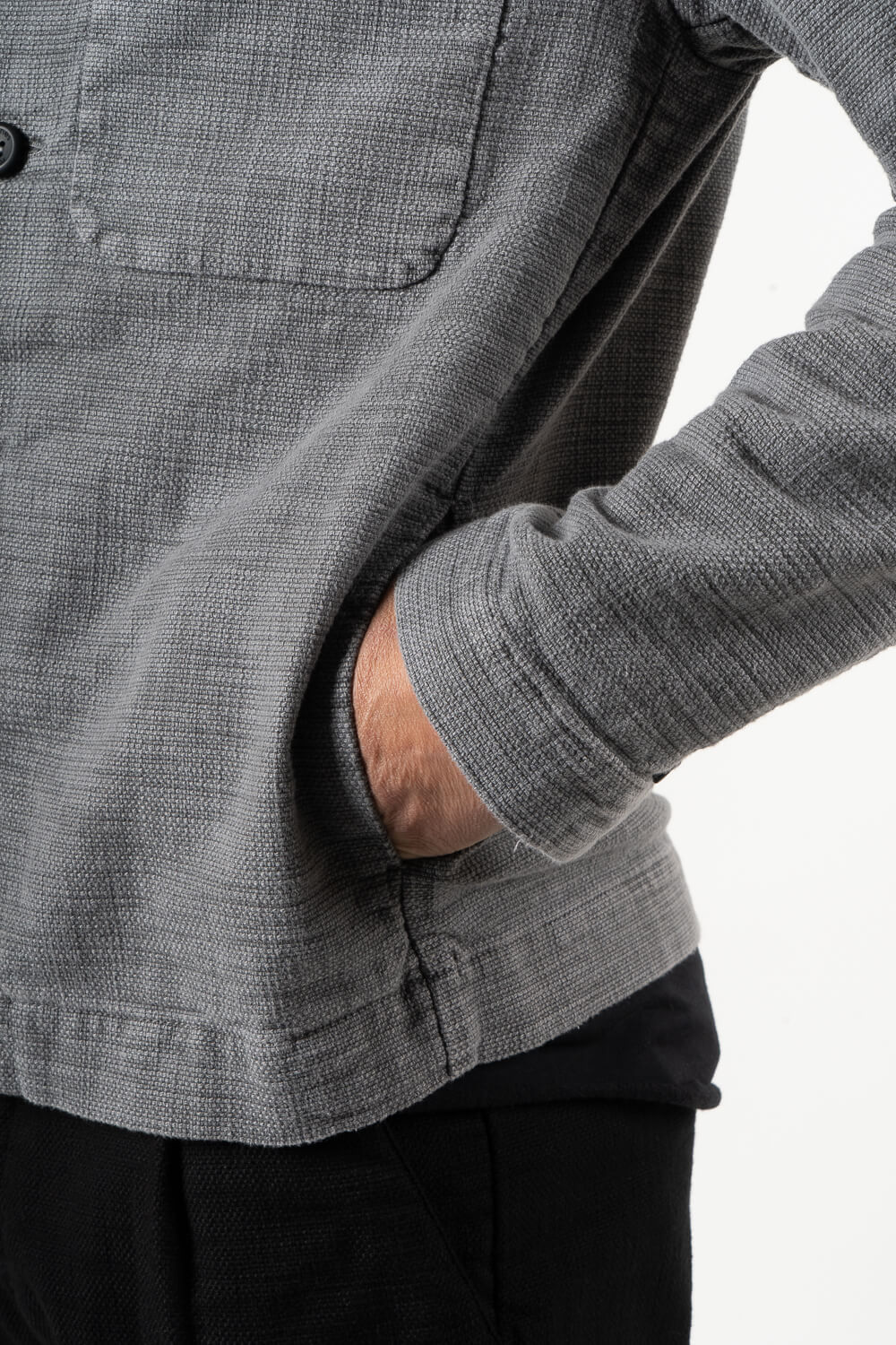 Textured Cotton Front Pocket Overshirt Grey