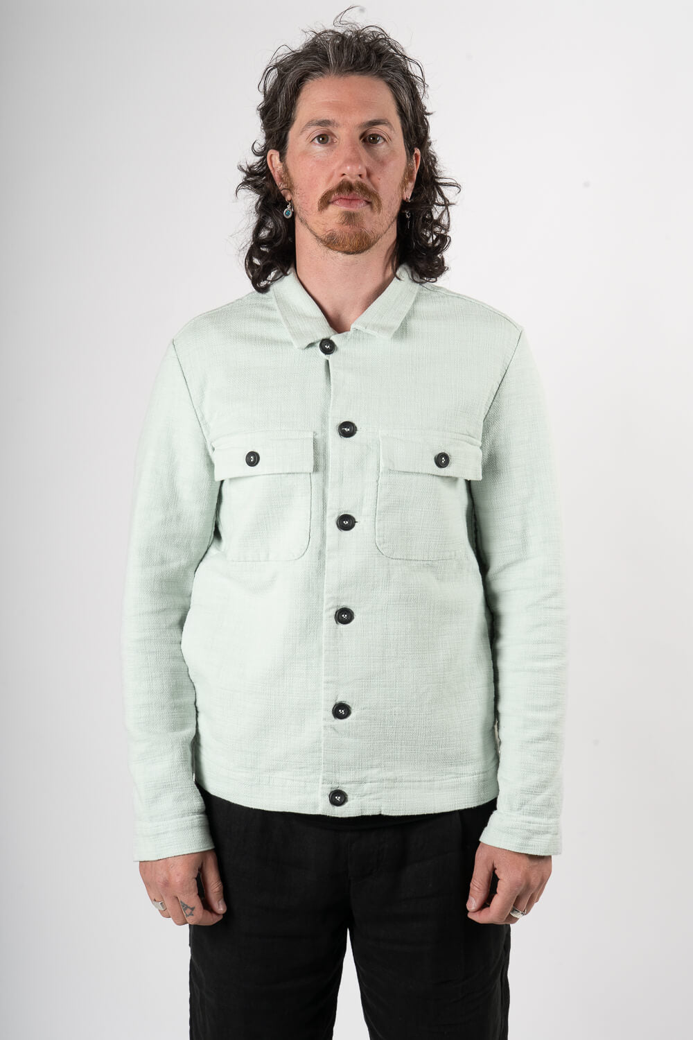 Textured Cotton Front Pocket Overshirt Matcha