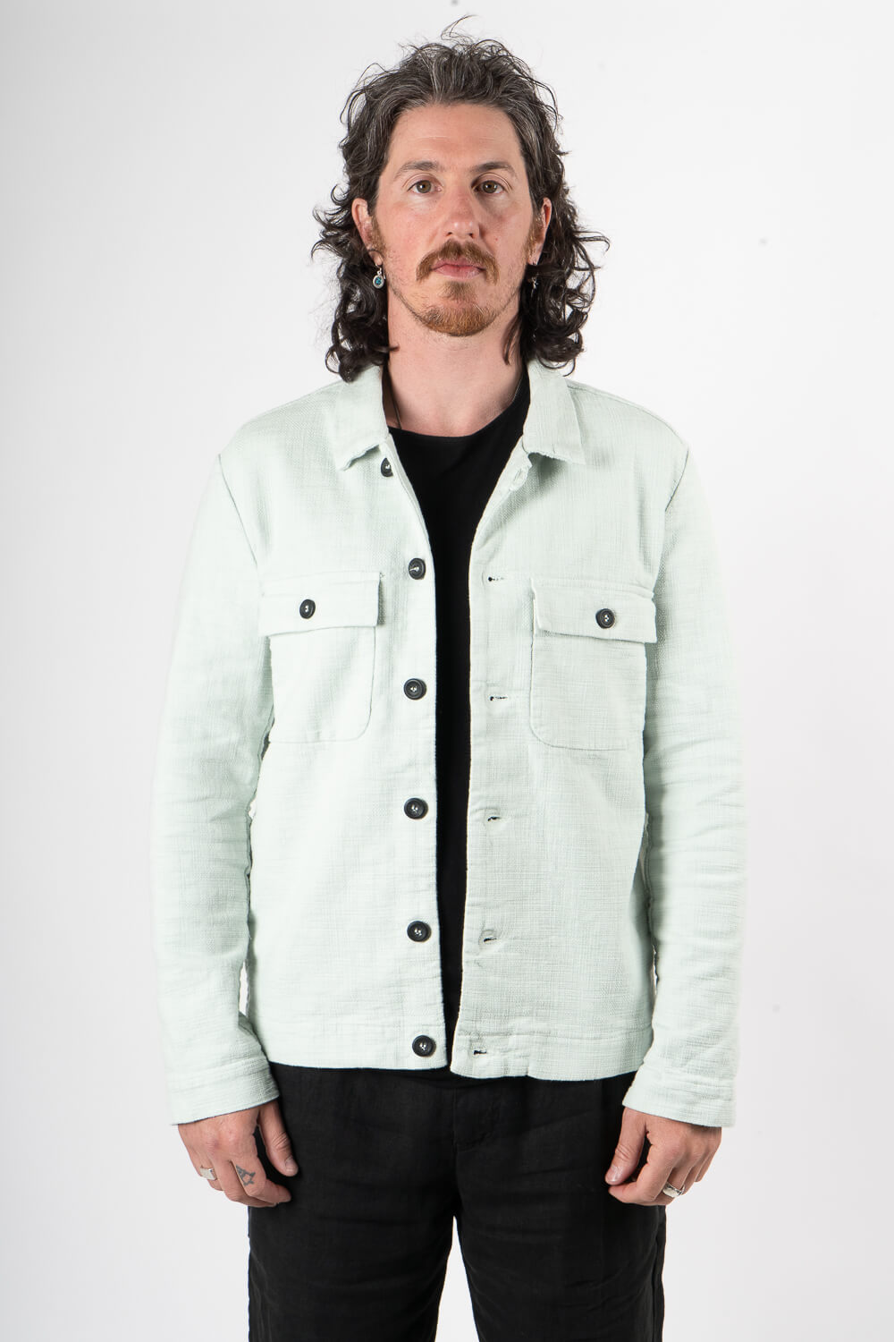 Textured Cotton Front Pocket Overshirt Matcha