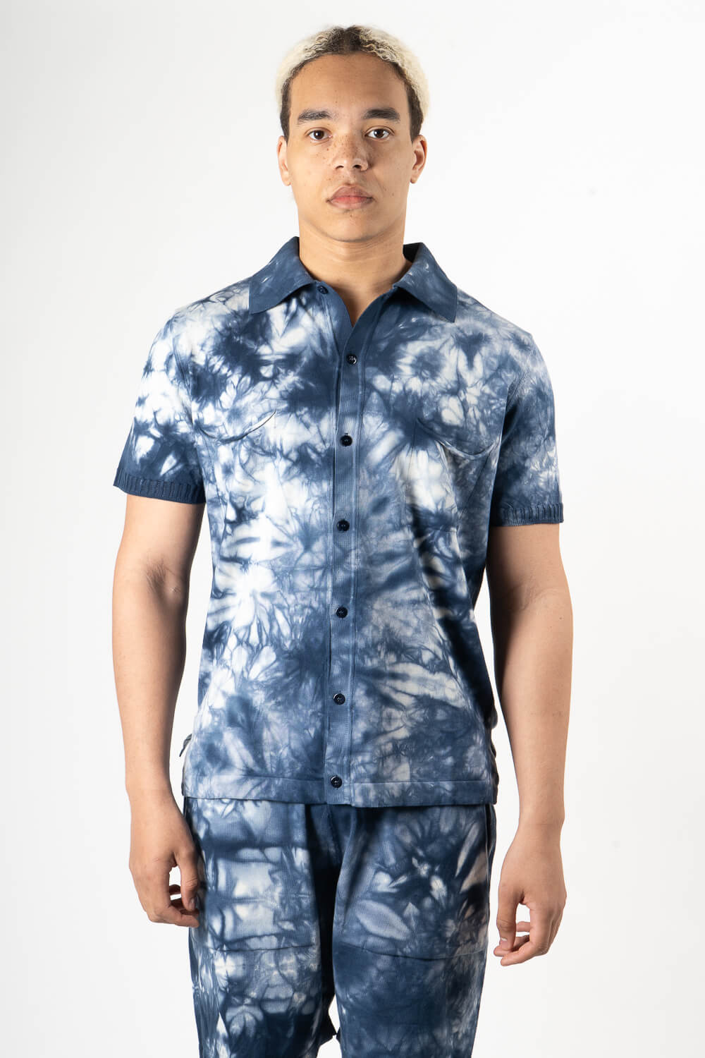 Tie-Dye Effect Italian Cotton Button-Up Shirt Blue