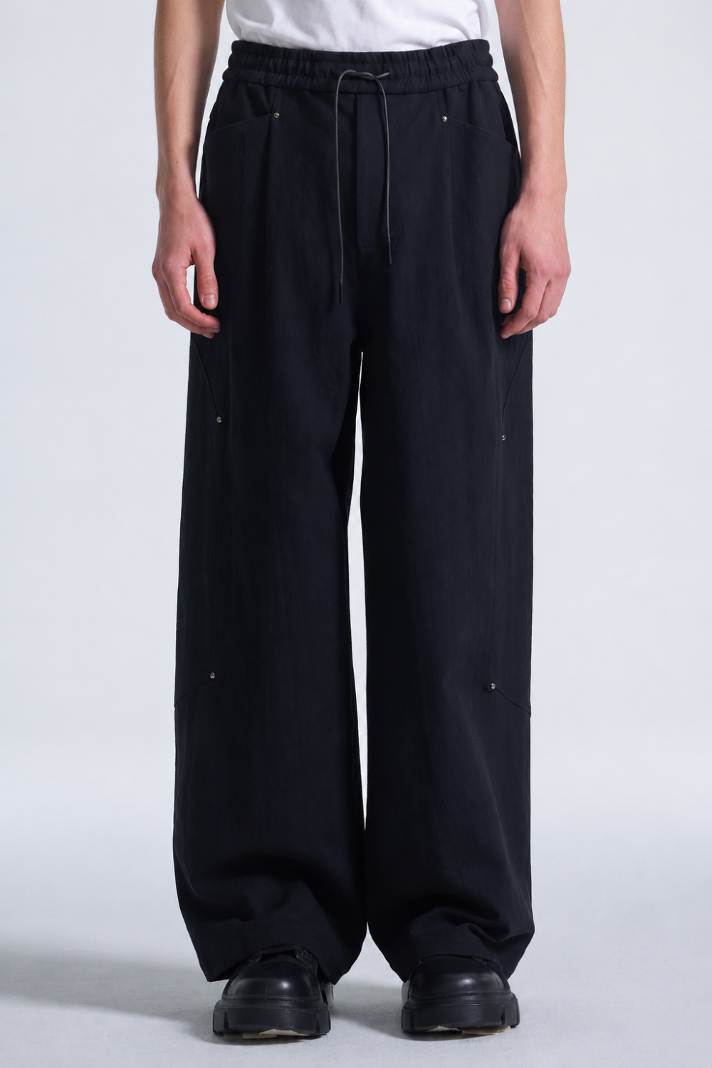 Wide Leg Cotton Drawstring Trousers W/ Stud Details Black