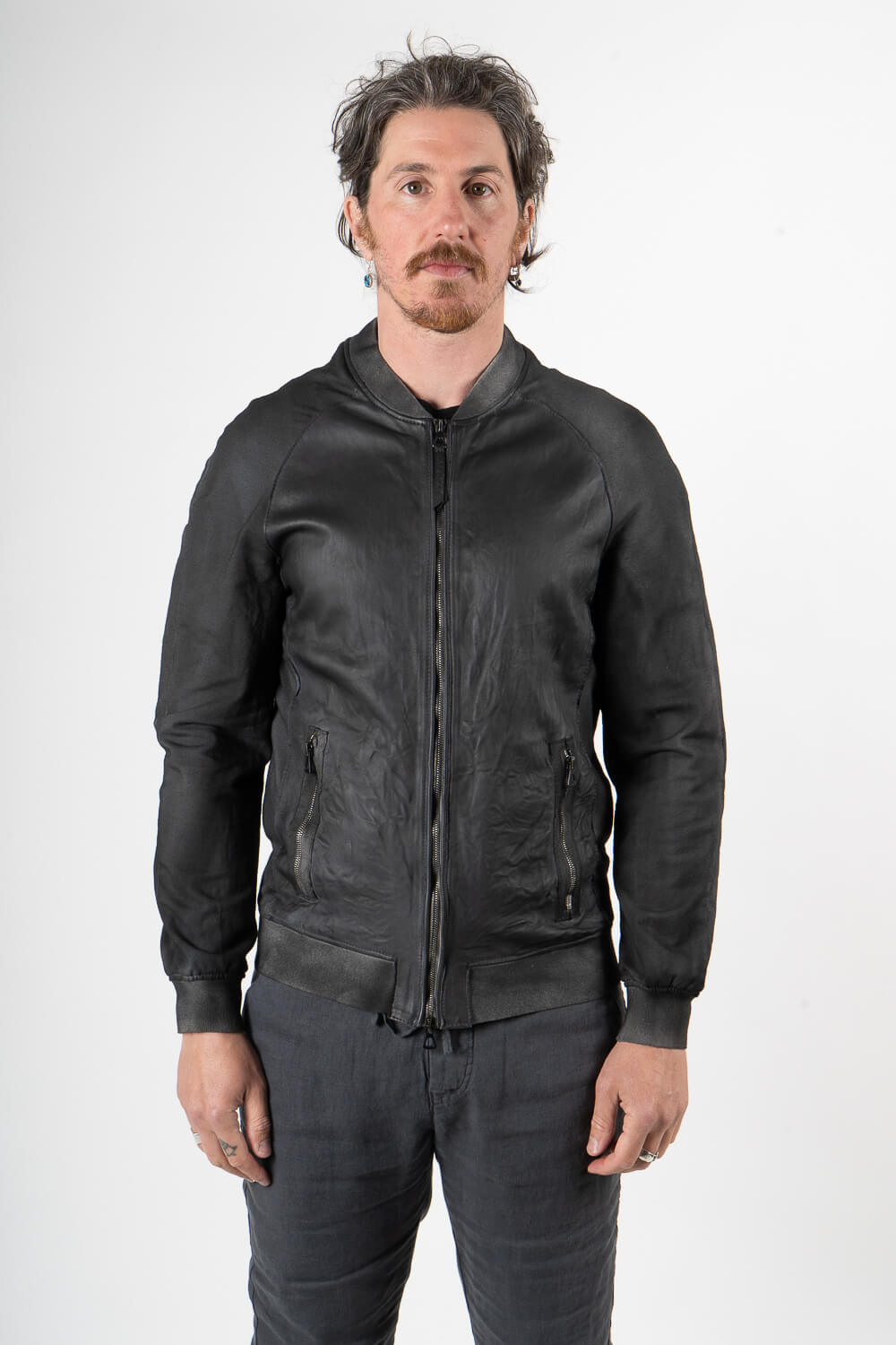 Tuscan Cold-Dye Effect Leather Jacket W/ Jersey Cotton Arms Blue/Black