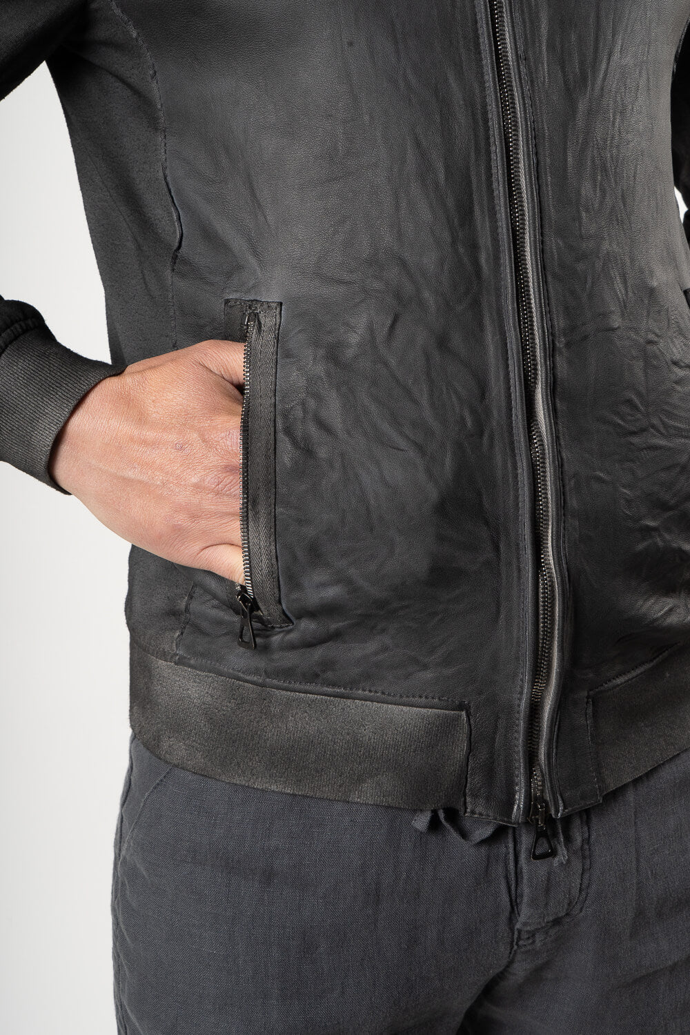Tuscan Cold-Dye Effect Leather Jacket W/ Jersey Cotton Arms Blue/Black