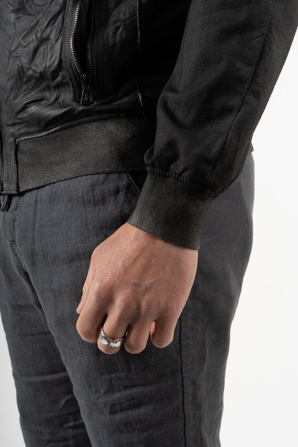 Tuscan Cold-Dye Effect Leather Jacket W/ Jersey Cotton Arms Blue/Black