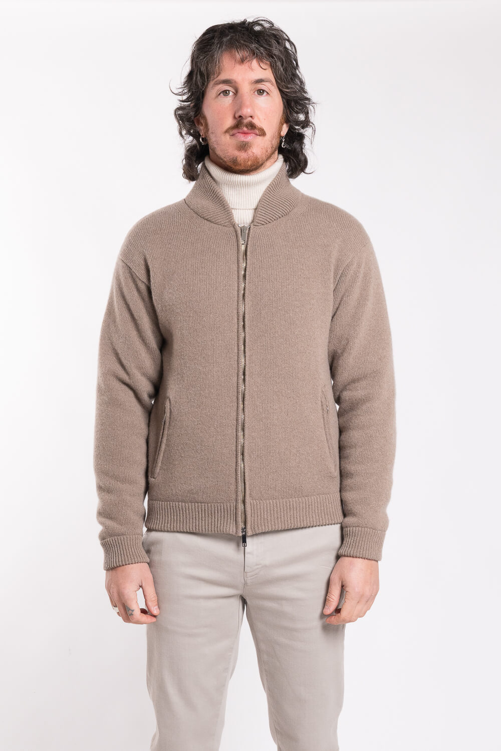 Ultra Fine Lana Merino Wool Zip-Up Bomber Jacket Dark Sand