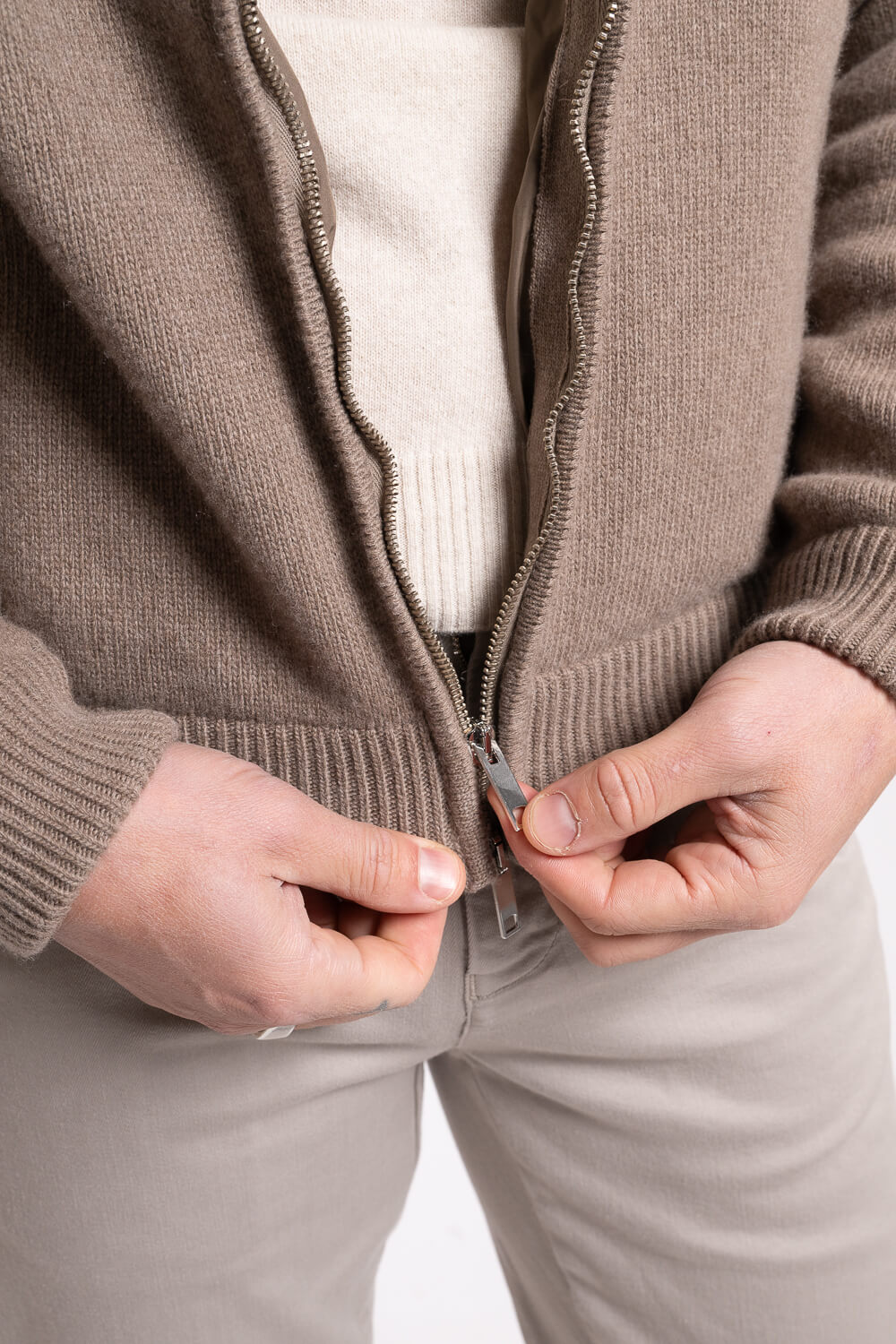 Ultra Fine Lana Merino Wool Zip-Up Bomber Jacket Dark Sand