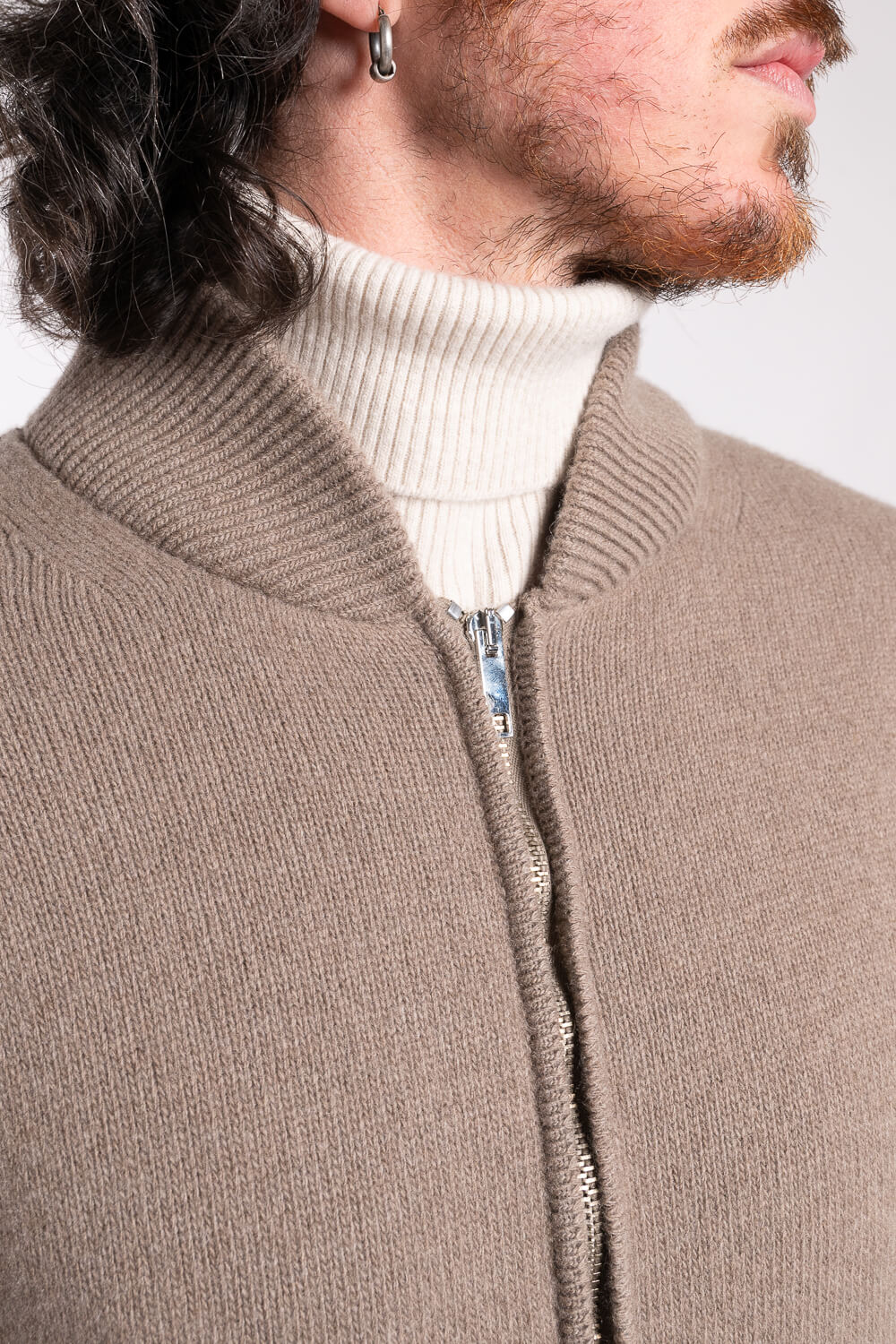 Ultra Fine Lana Merino Wool Zip-Up Bomber Jacket Dark Sand