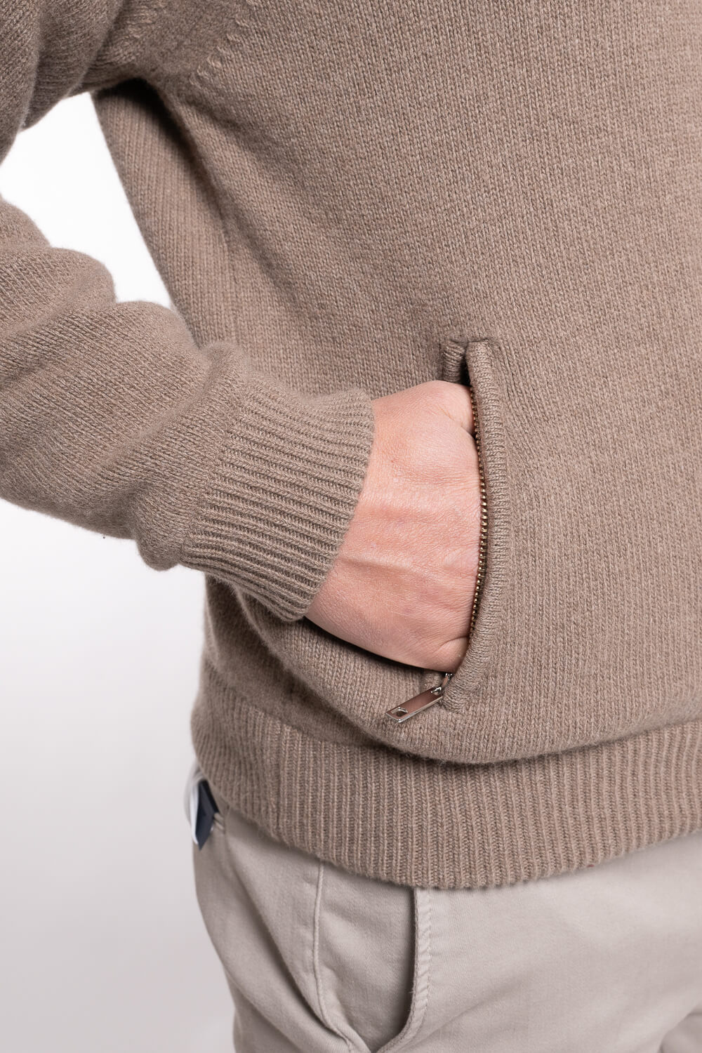 Ultra Fine Lana Merino Wool Zip-Up Bomber Jacket Dark Sand