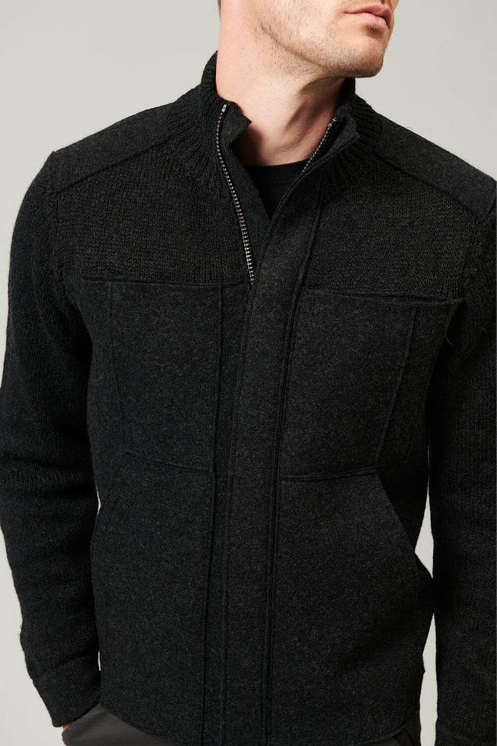 Virgin Wool Zip-Up Jacket W/ Boiled Wool Inserts Charcoal