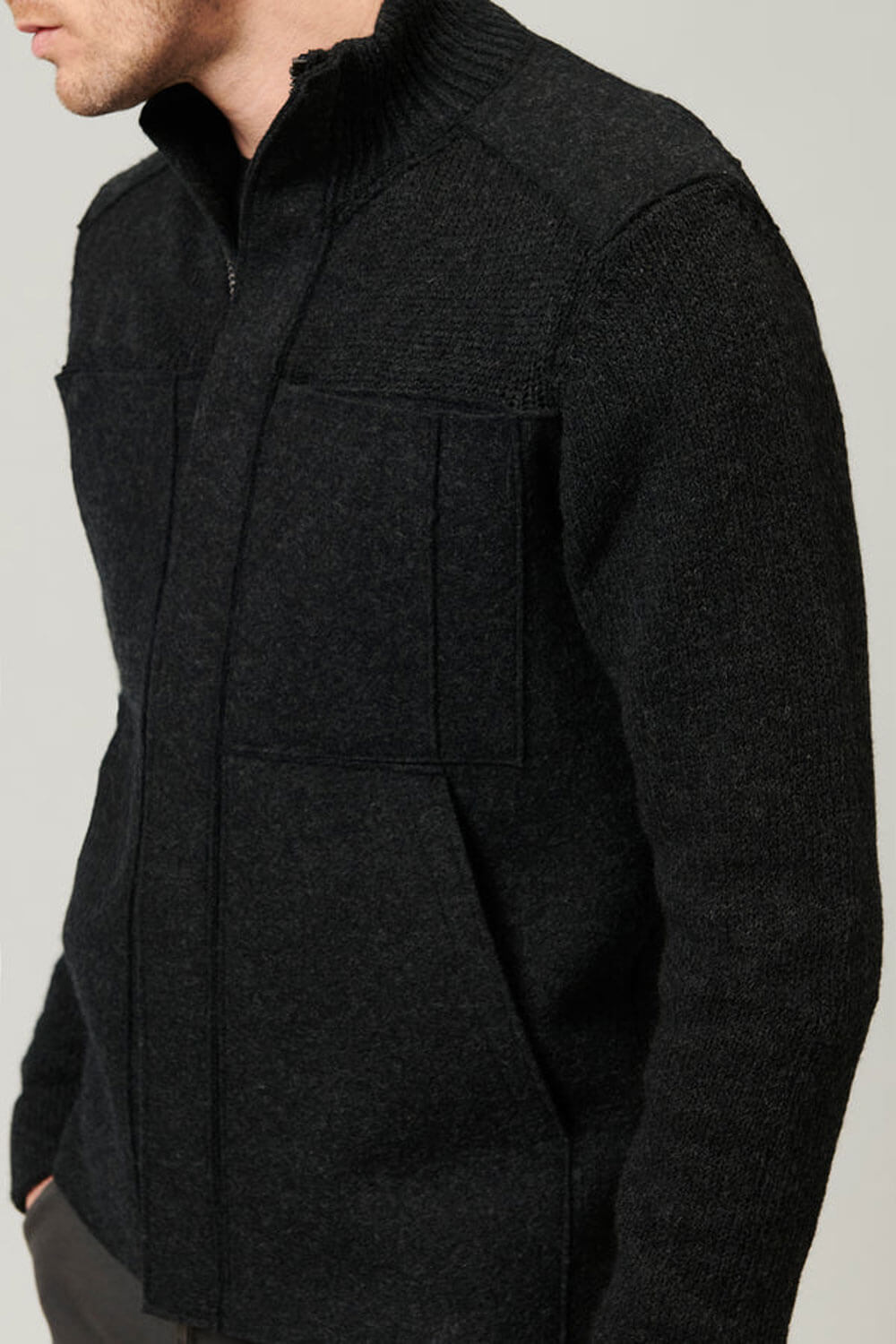 Virgin Wool Zip-Up Jacket W/ Boiled Wool Inserts Charcoal