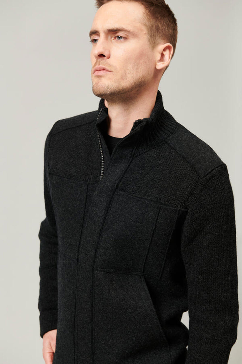 Virgin Wool Zip-Up Jacket W/ Boiled Wool Inserts Charcoal