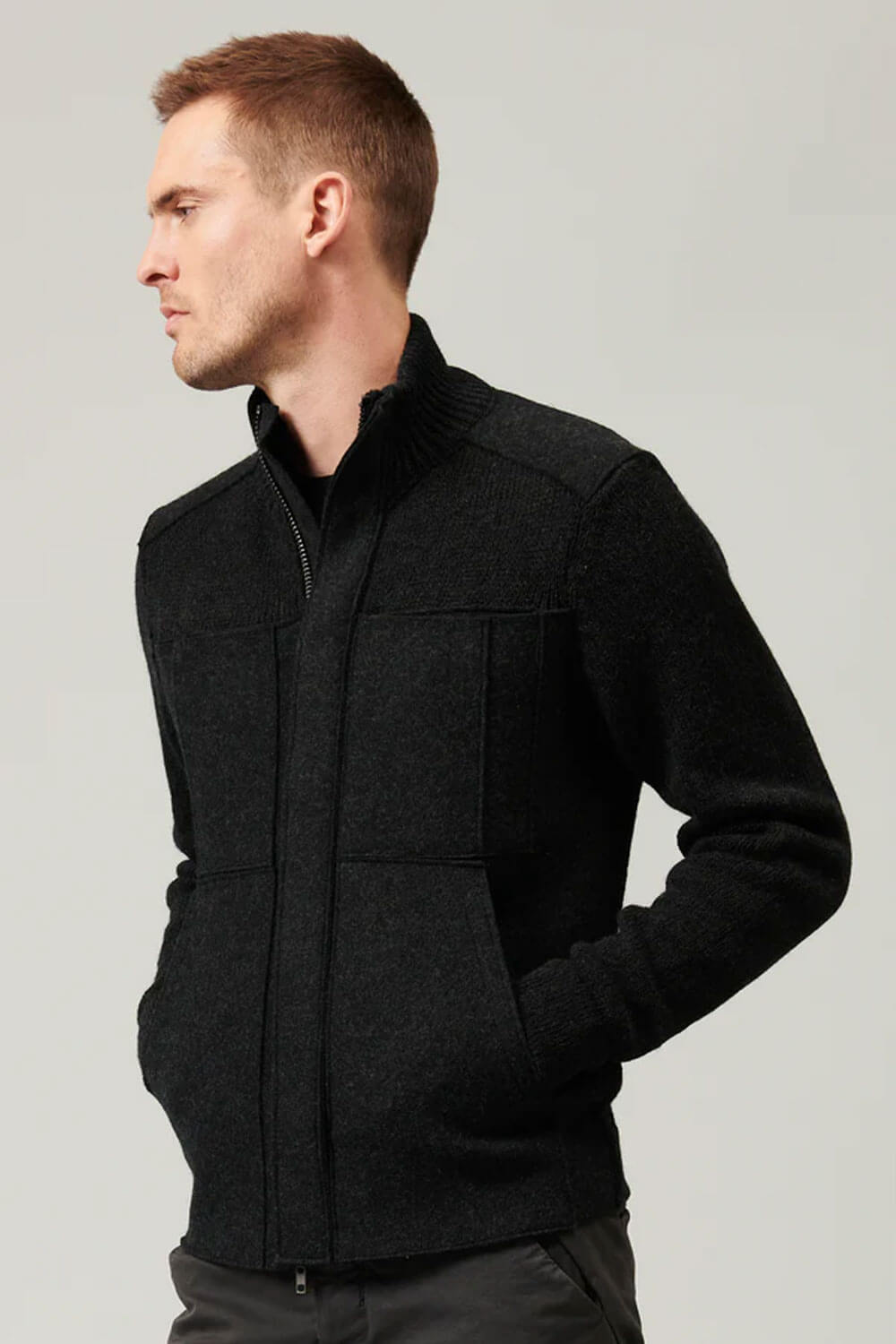 Virgin Wool Zip-Up Jacket W/ Boiled Wool Inserts Charcoal