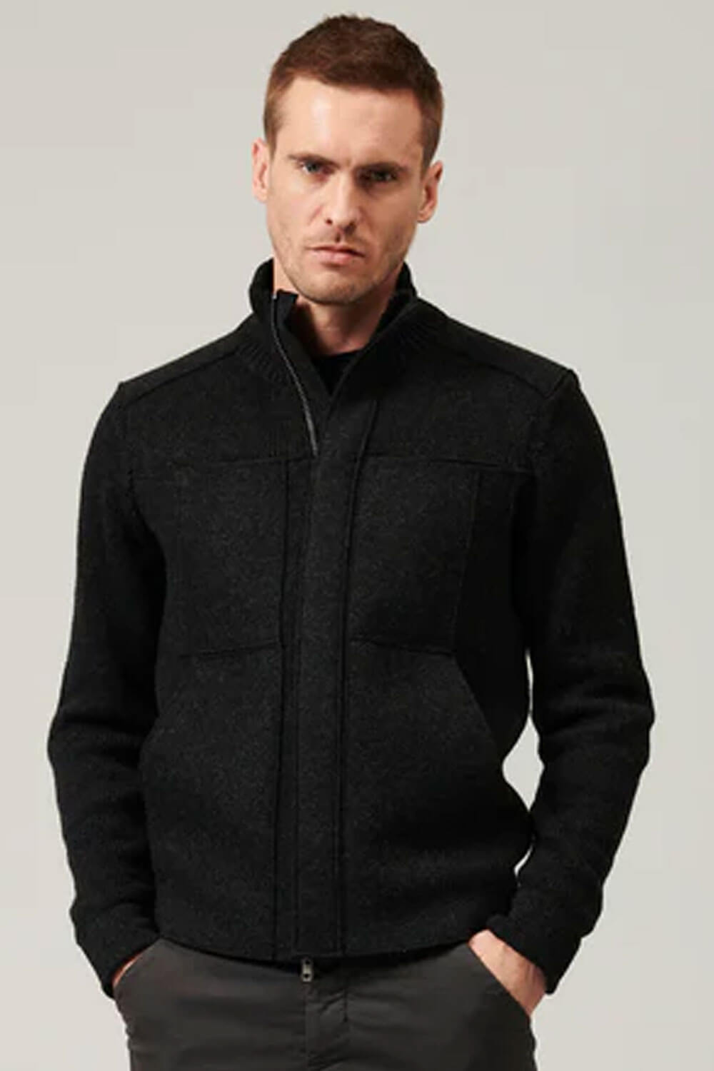 Virgin Wool Zip-Up Jacket W/ Boiled Wool Inserts Charcoal