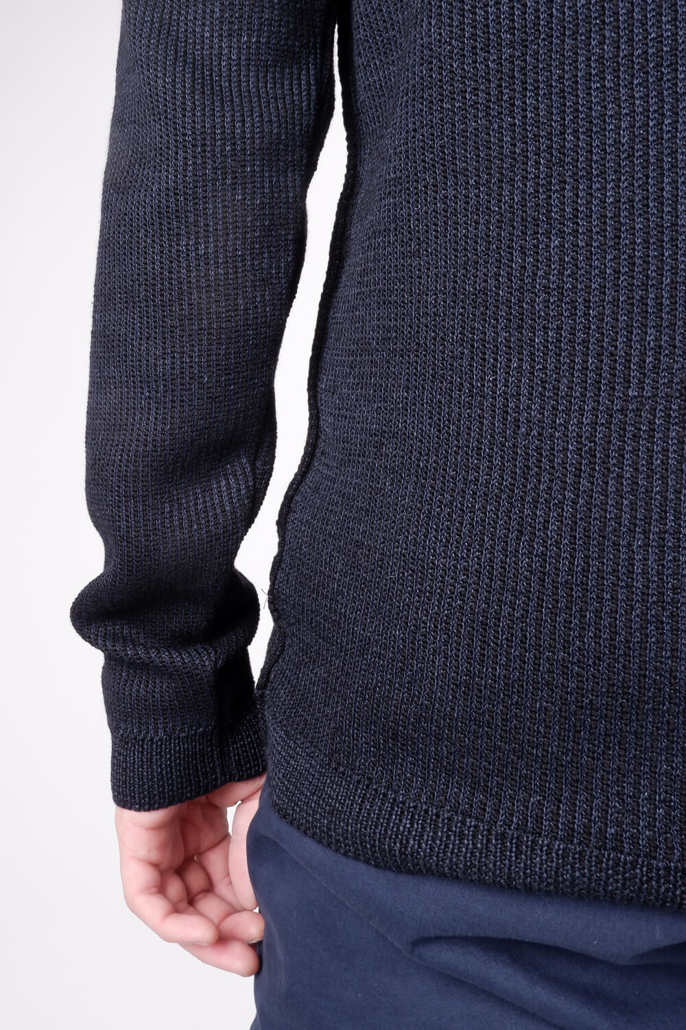 Virgin Wool/Linen Ribbed Knit Jumper Black/Navy