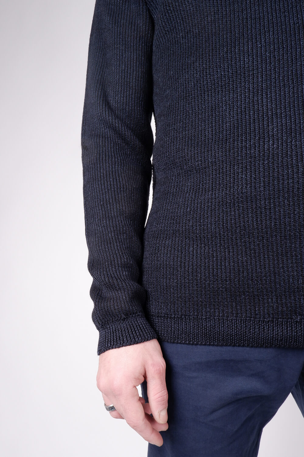 Virgin Wool/Linen Ribbed Knit Jumper Black/Navy