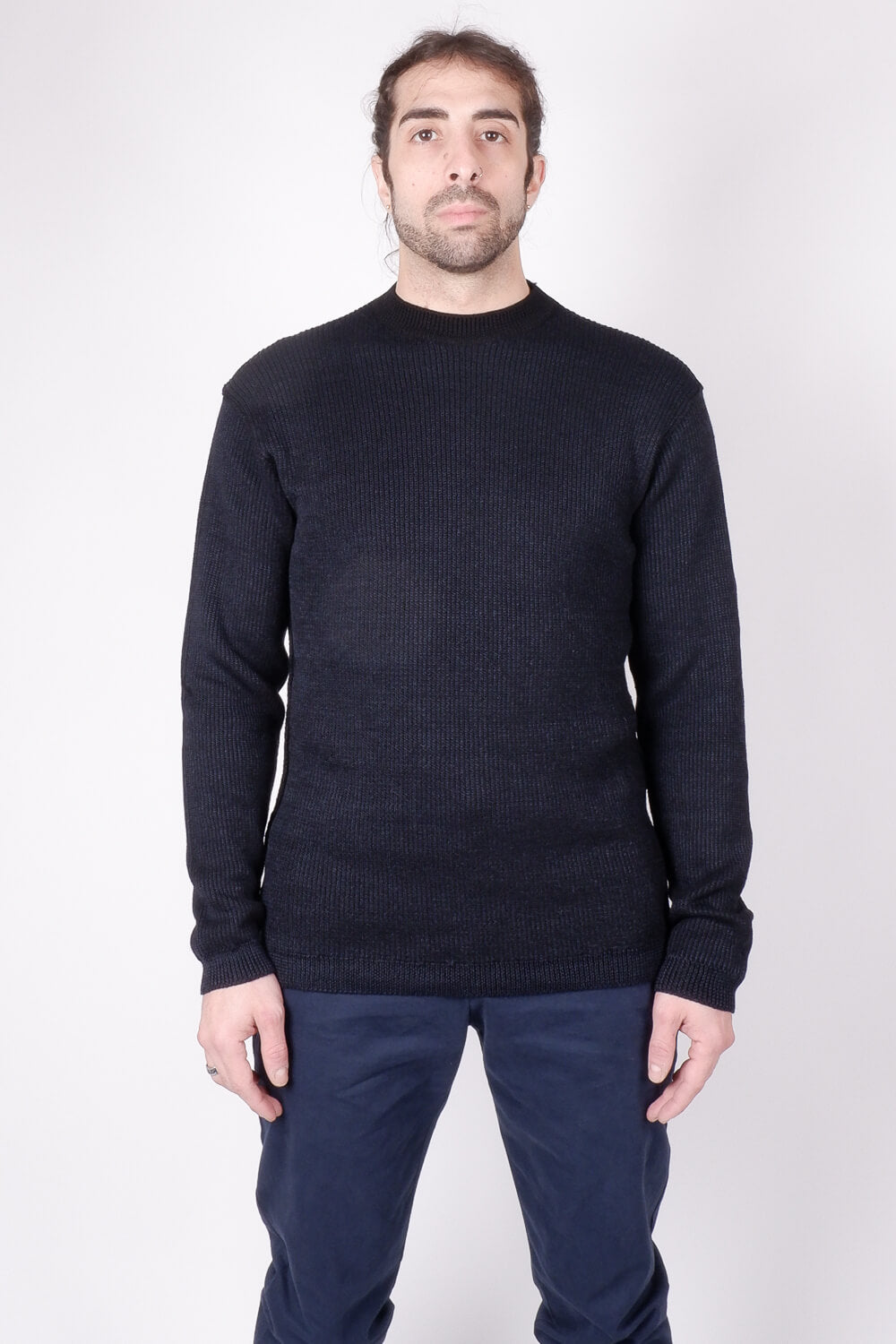 Virgin Wool/Linen Ribbed Knit Jumper Black/Navy