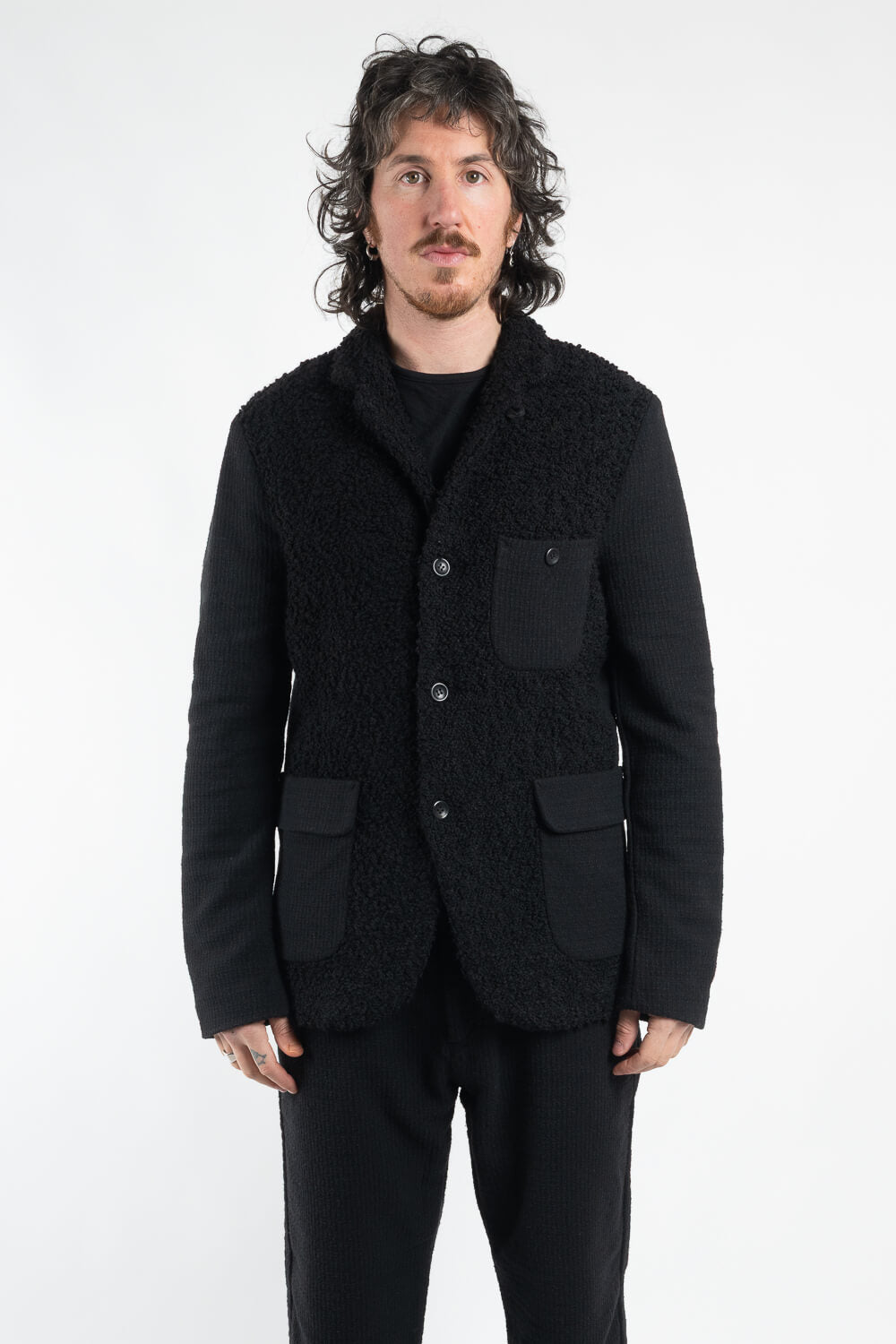 Virgin Wool Blend Textured Front Pocket Blazer/Jacket Black