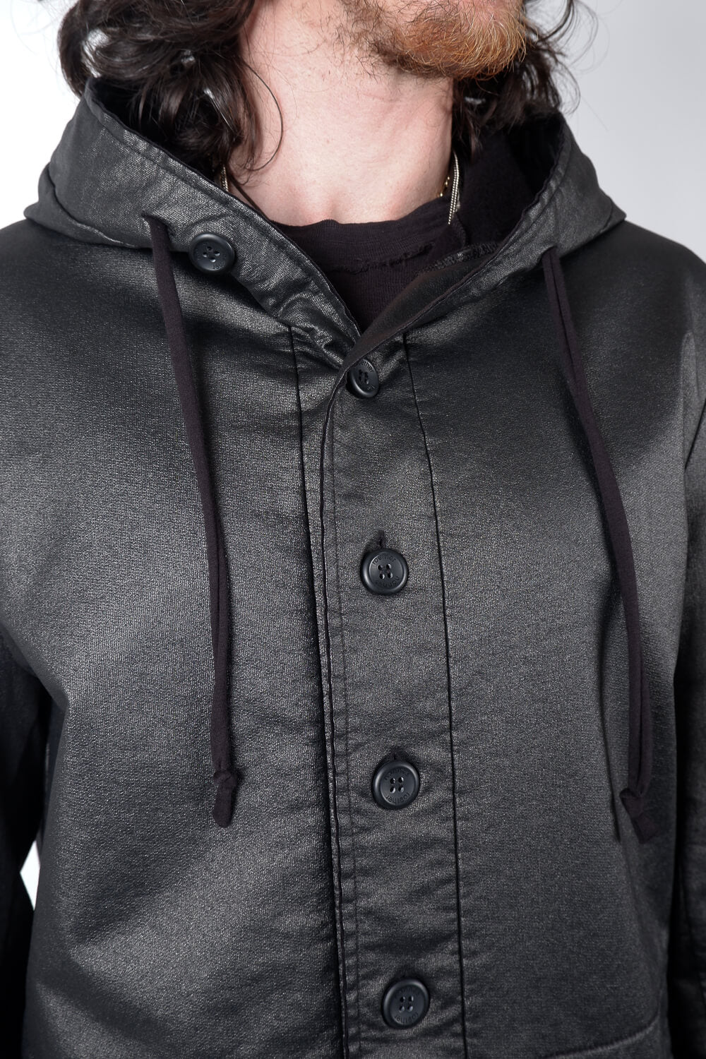 Button-Up leather Effect Hoodie Black