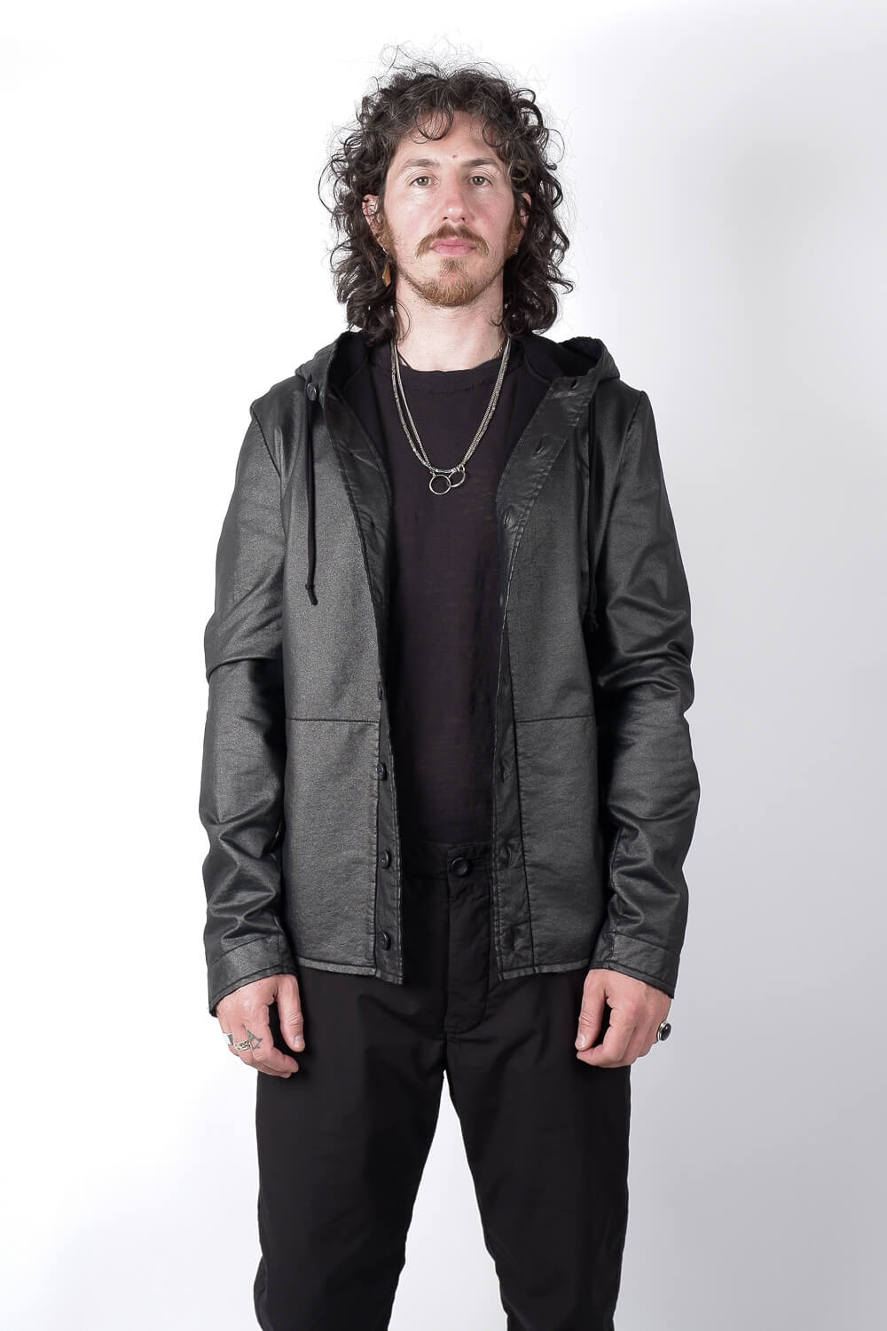 Button-Up leather Effect Hoodie Black