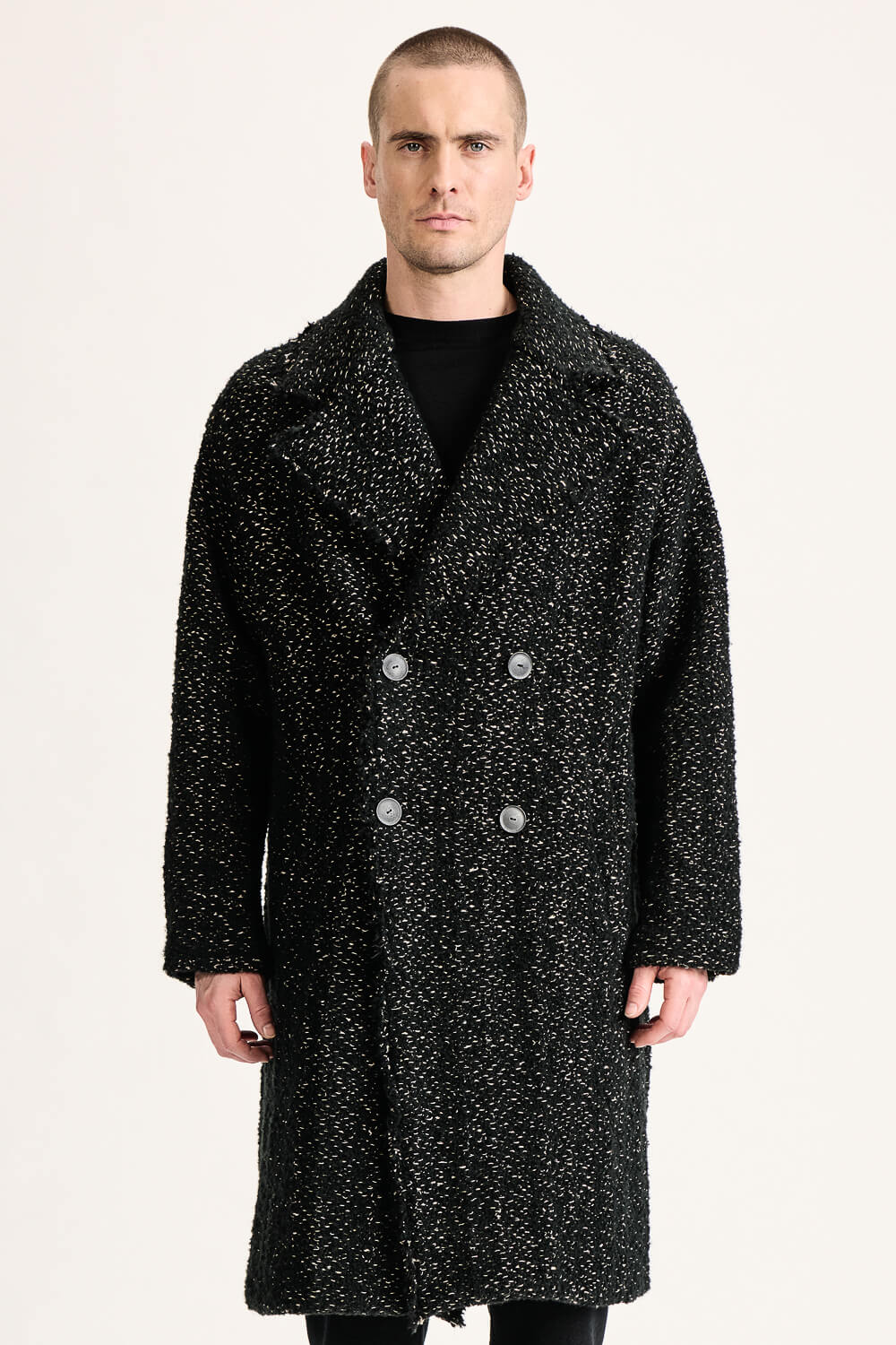 Wool/Alpaca/Linen Double-Breasted Knit Overcoat Black